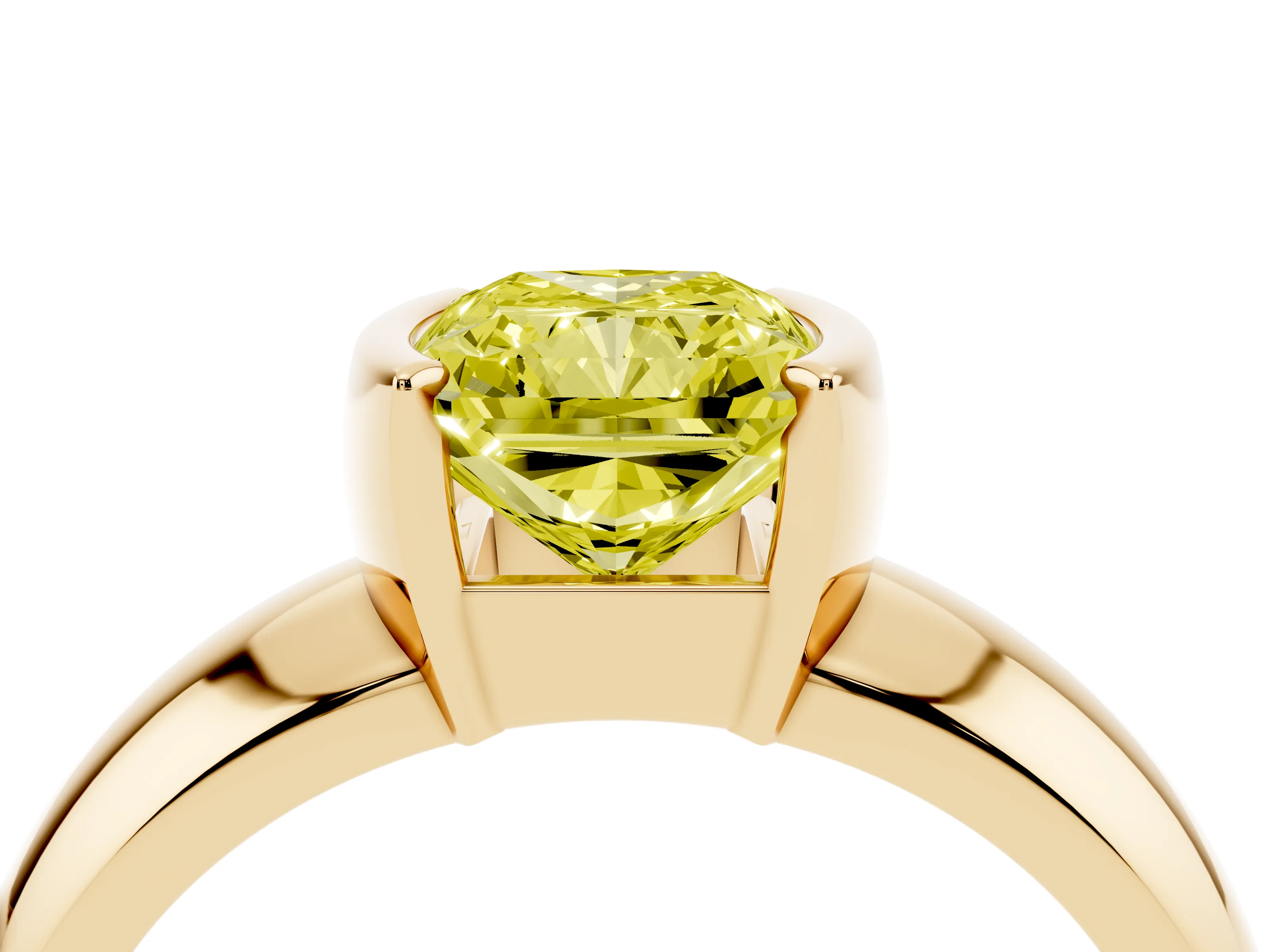 Fancy Yellow Radiant Cut Diamond Solitaire Tension Set Ring Set in Yellow gold with Wide Band