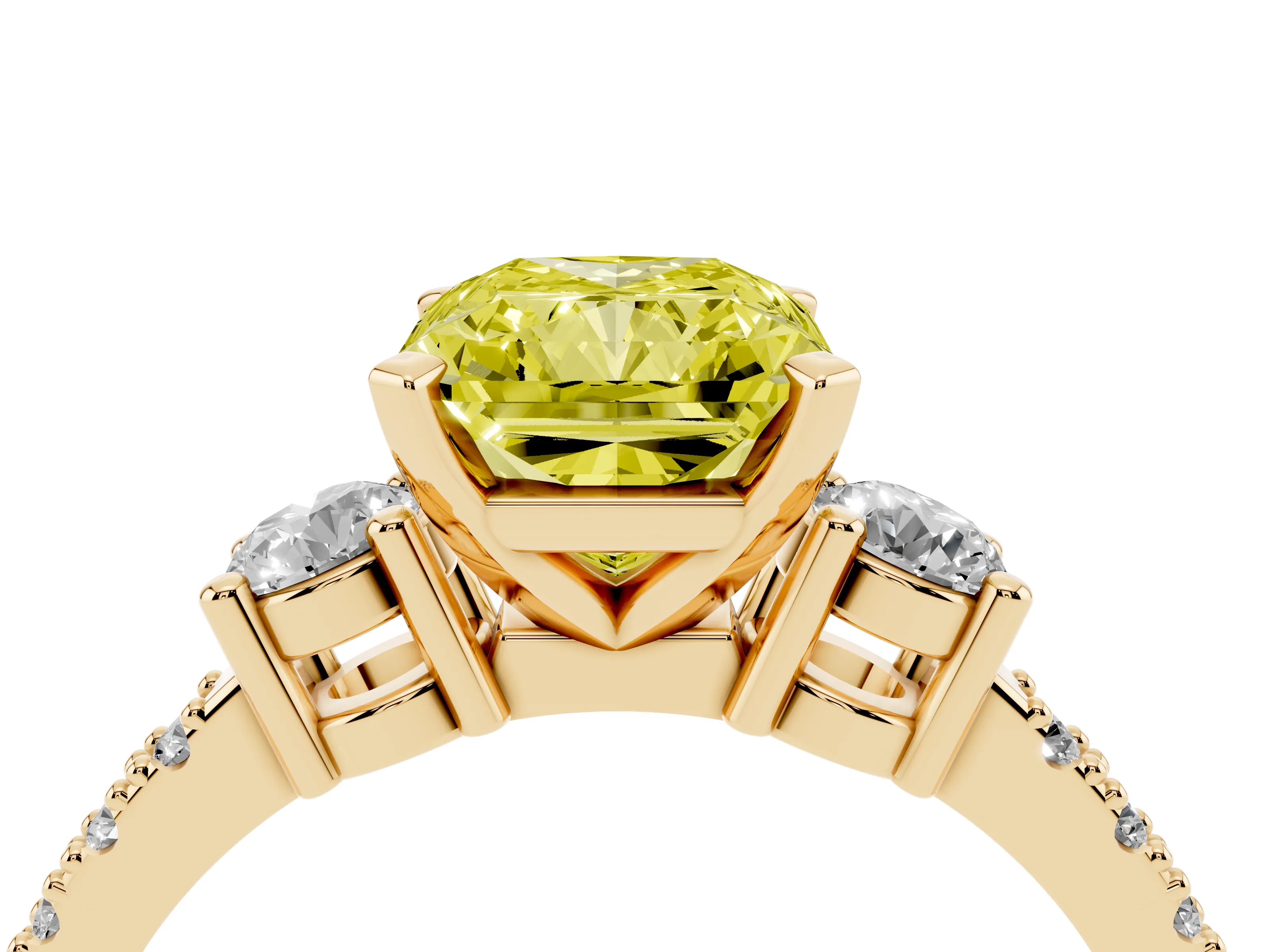 Fancy Yellow Three-Stone Radiant Cut Diamond Pavé Band Ring Set in Yellow gold with Prong Setting
