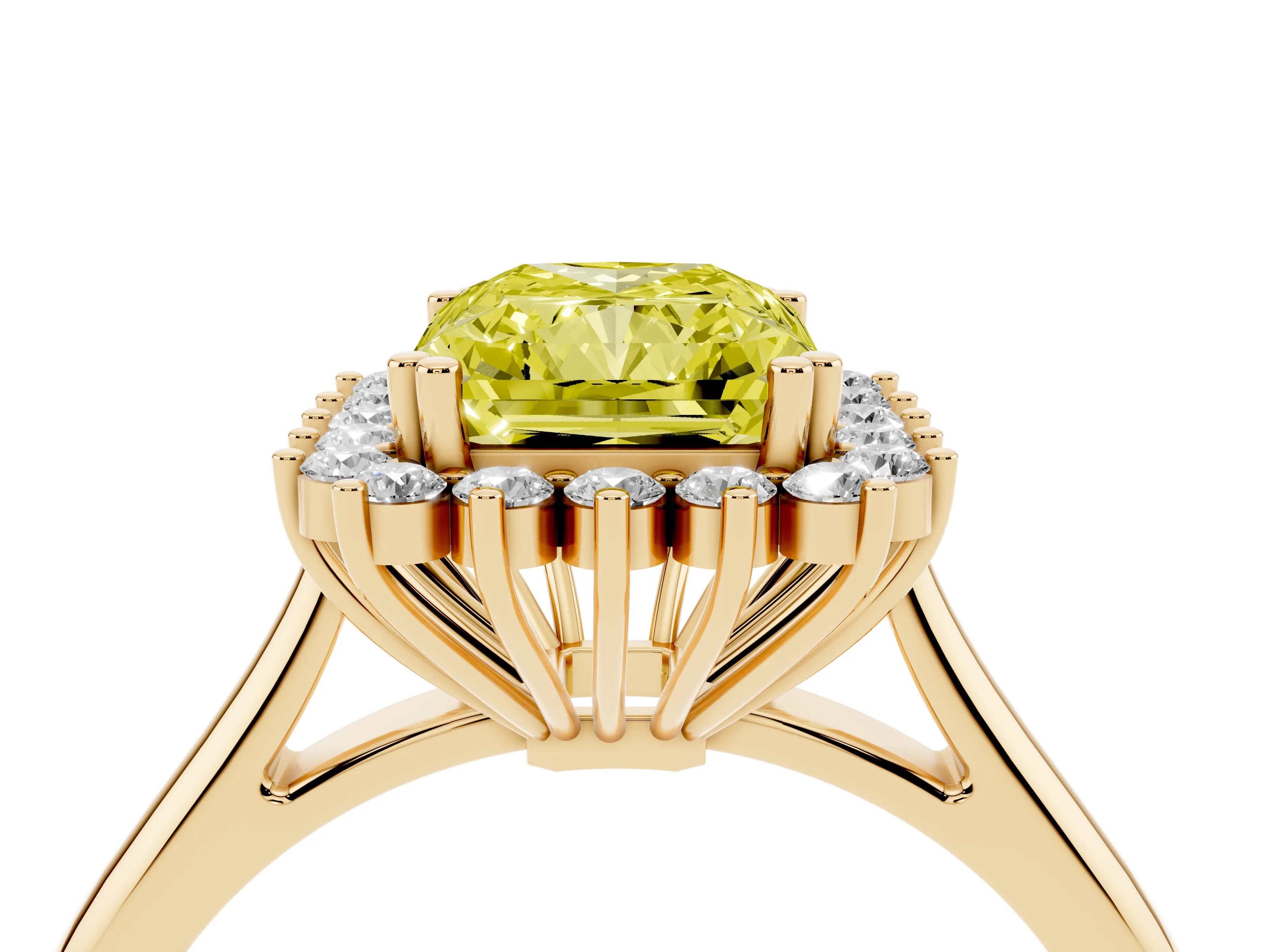 Fancy Yellow Radiant Cut Diamond Halo Ring Set in Yellow gold with Plain Solitaire Band and Prong Setting