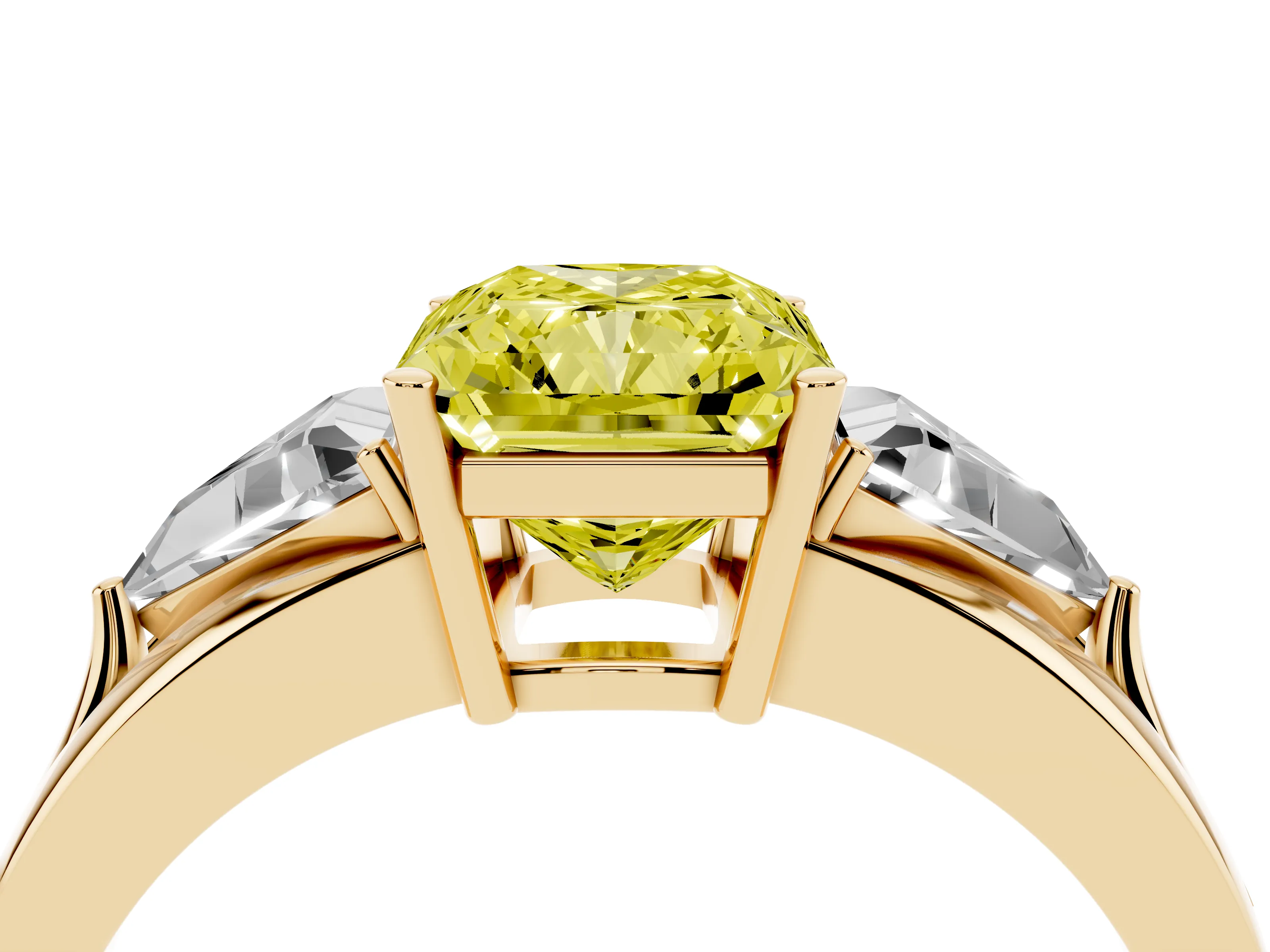 Fancy Yellow Radiant Cut Diamond Three-Stone Ring Set in Yellow gold with Trillion Side Stones and Split Shank