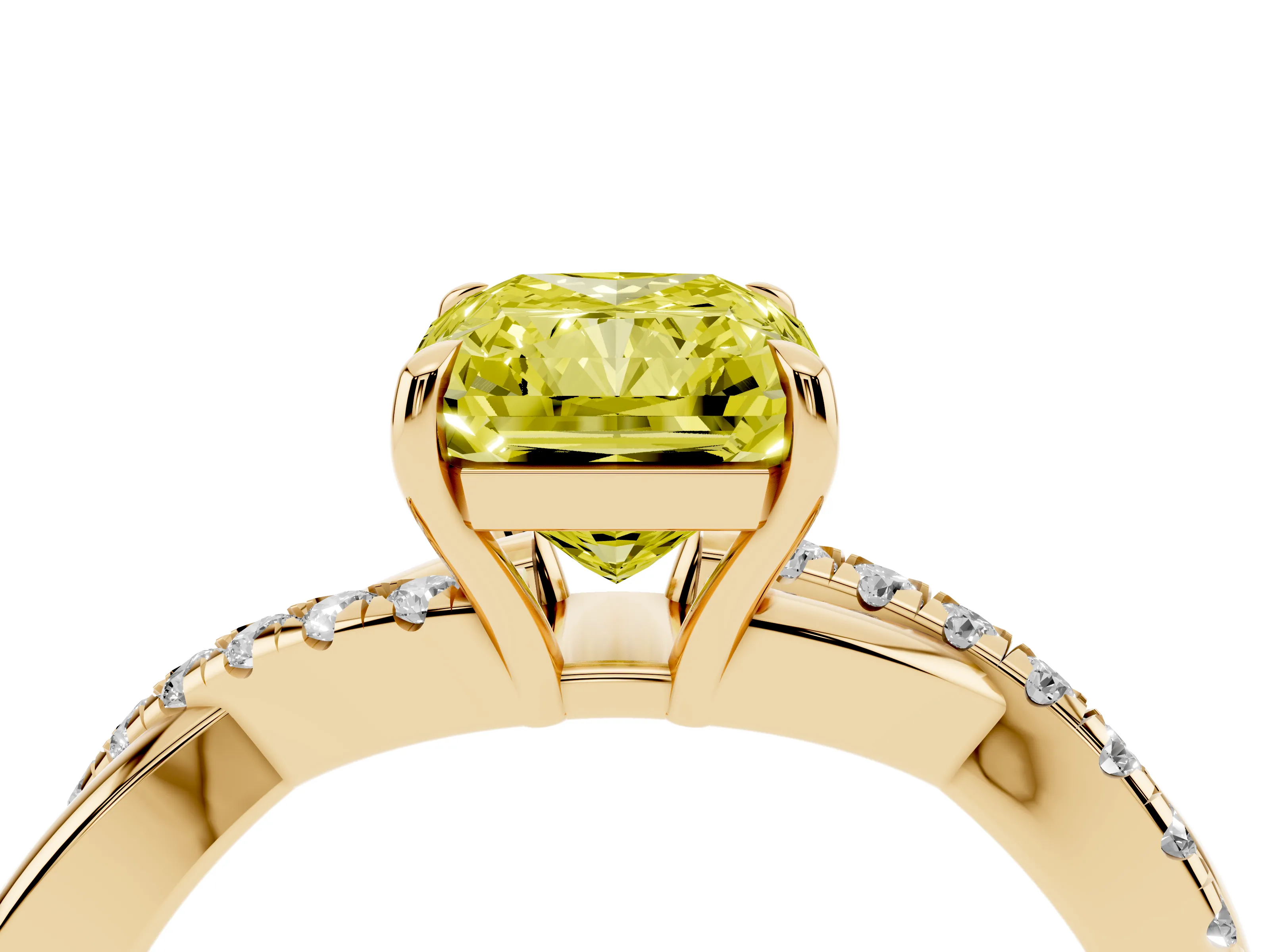 Fancy Yellow Radiant Cut Diamond Twisted Pavé Band Ring Set in Yellow gold with Prong Setting