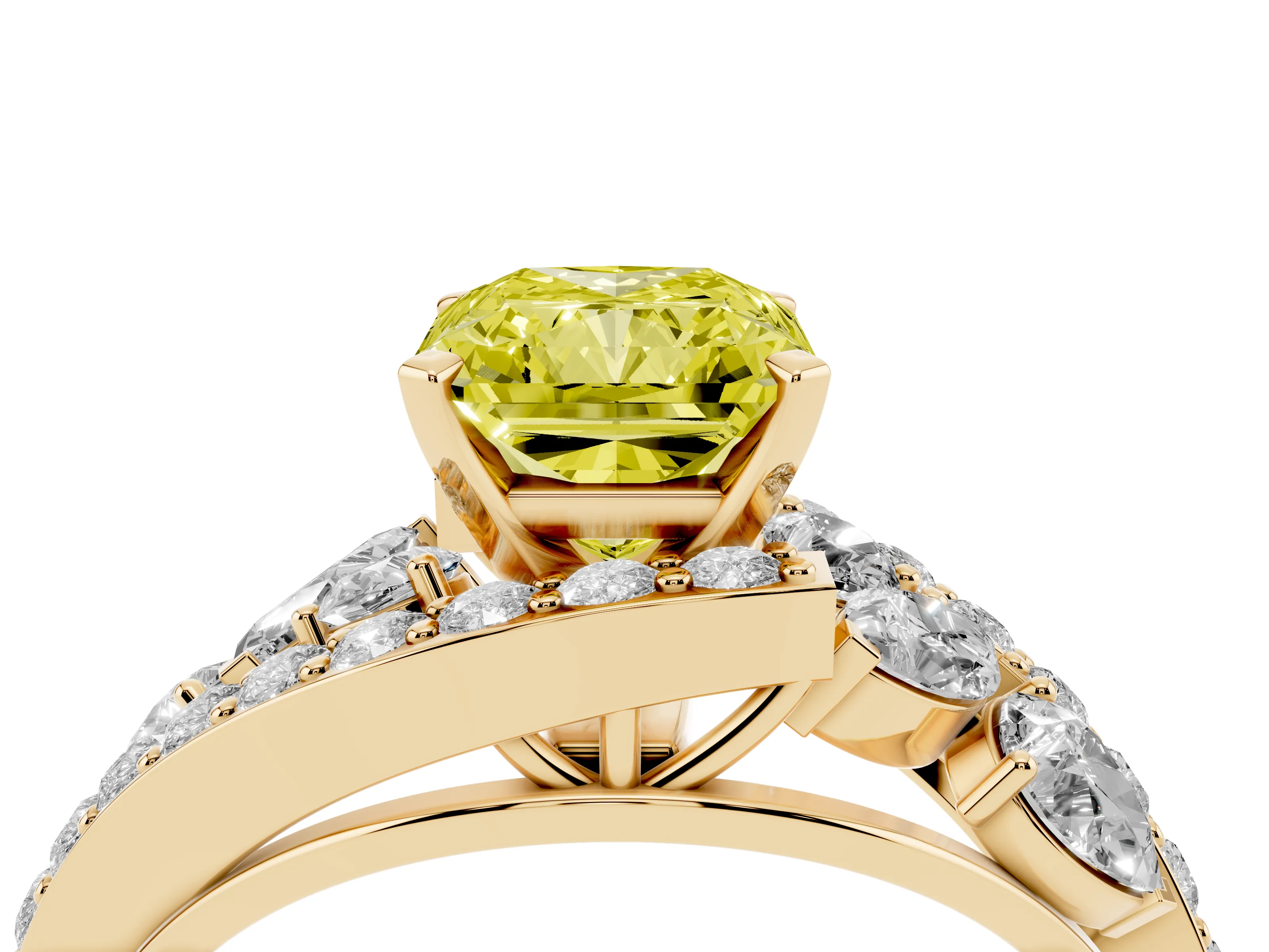 Fancy Yellow Radiant Cut Diamond Halo Ring Set in Yellow gold with Marquise and Pavé Band in Prong Setting