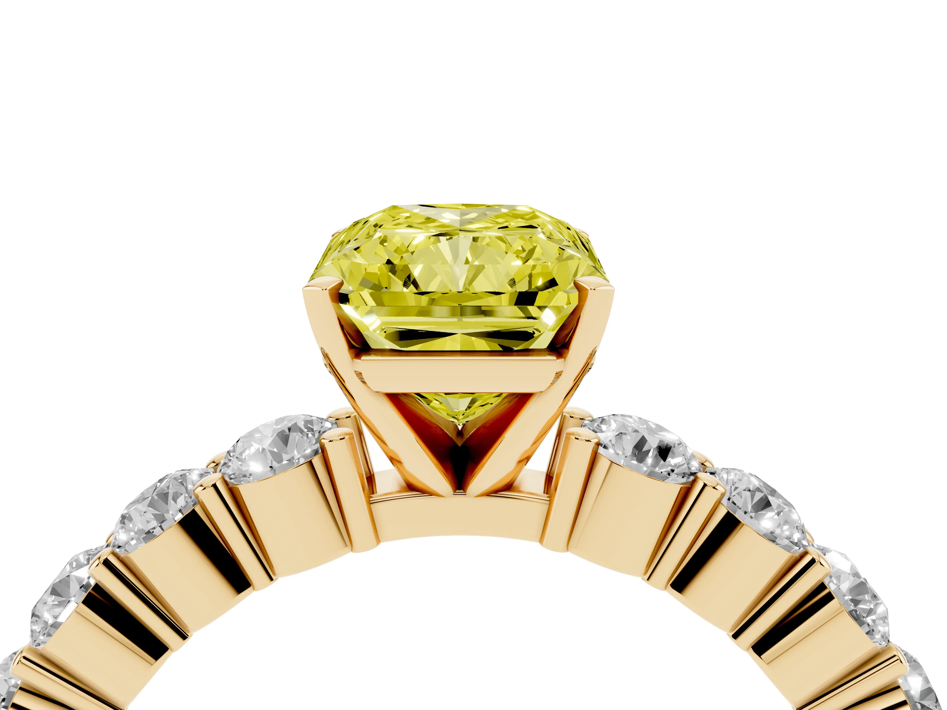 Fancy Yellow Radiant Cut Diamond Solitaire Ring Set in Yellow gold with Shared Prong Round Side Stones