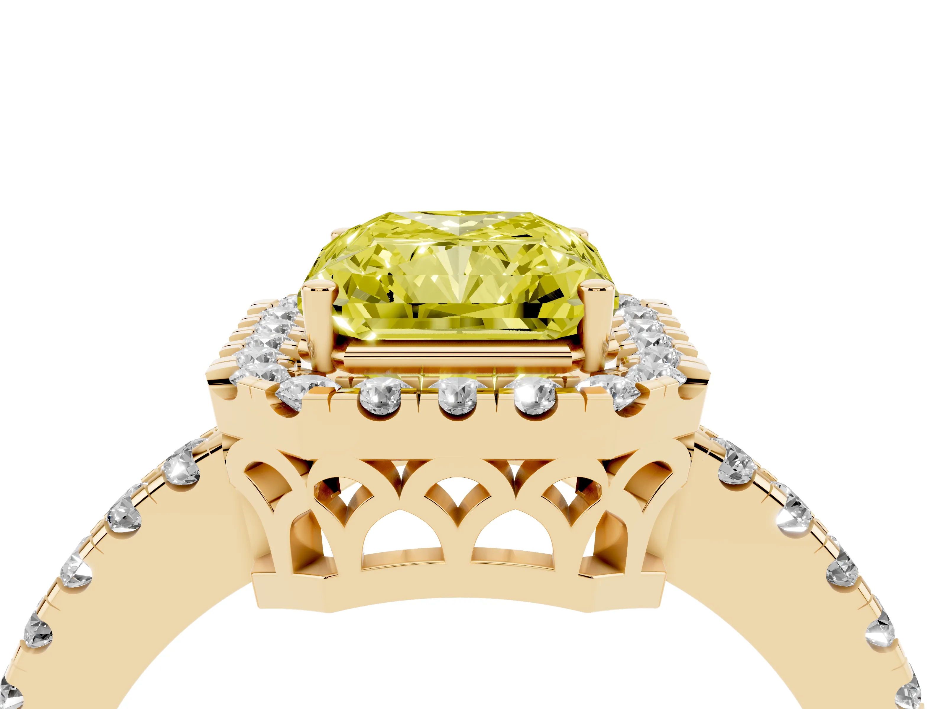 Fancy Yellow Radiant Cut Diamond Pavé Band Halo Engagement Ring Set in Yellow gold with Prong Setting