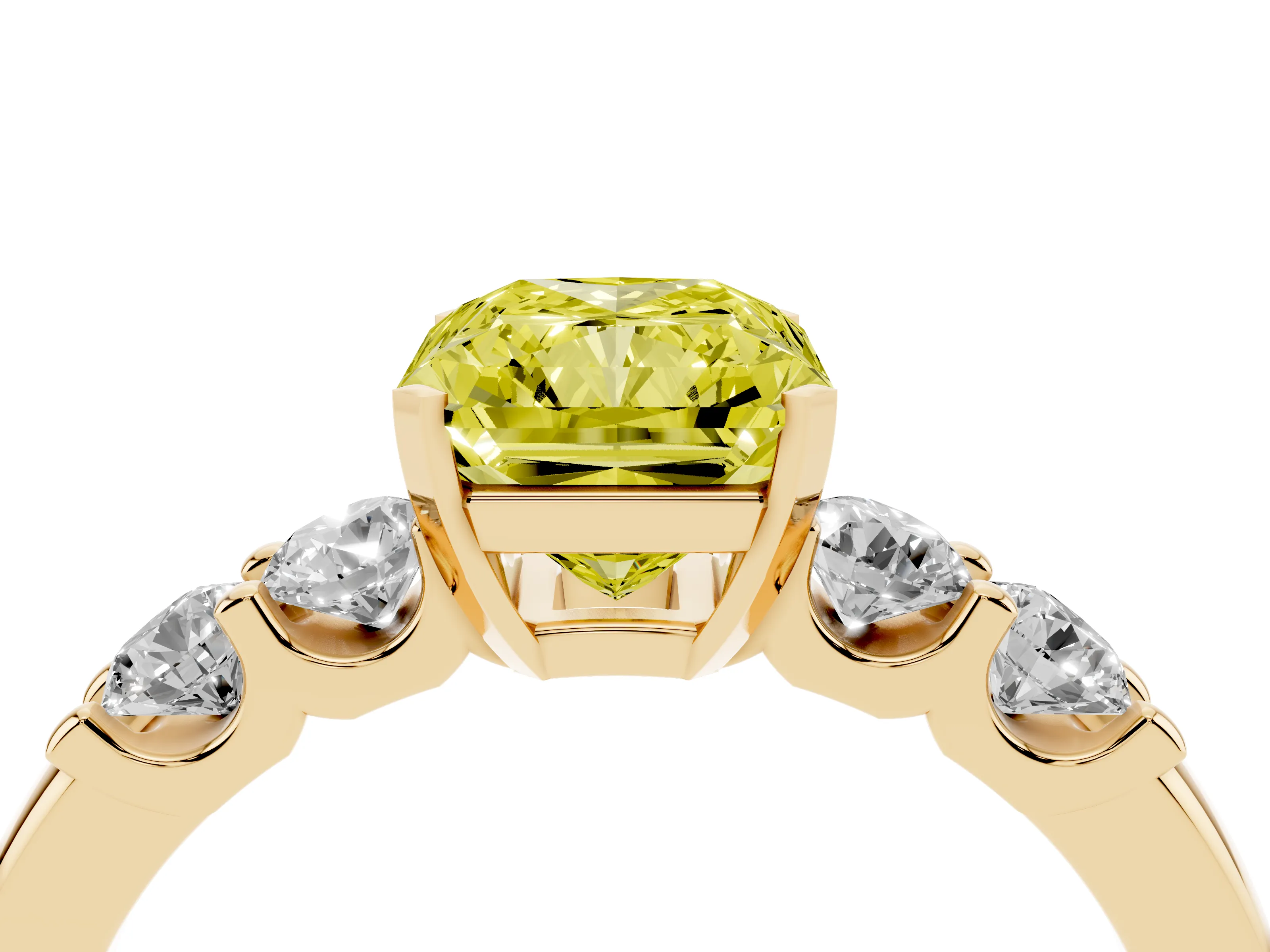 Fancy Yellow Radiant Cut Diamond Five-Stone Prong Set Engagement Ring Set in Yellow gold with Channel Band