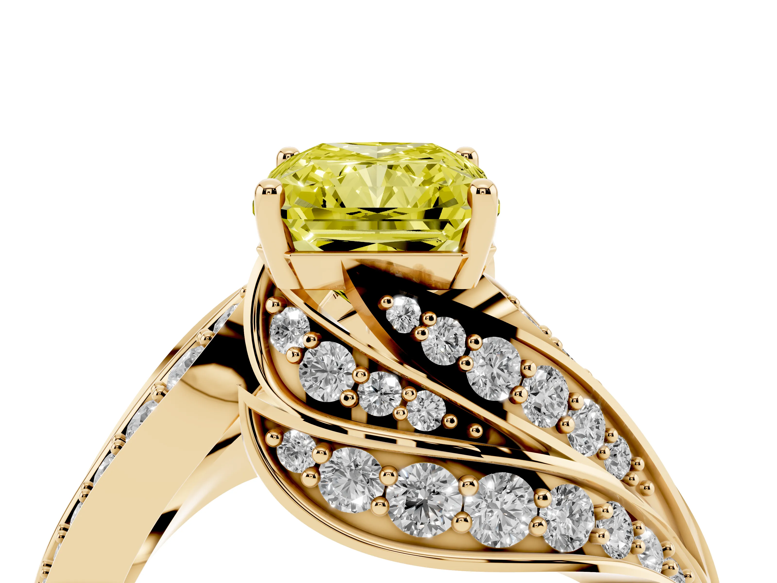 Fancy Yellow Radiant Cut Diamond Solitaire Ring Set in Yellow gold with Layered Twist Pavé Band