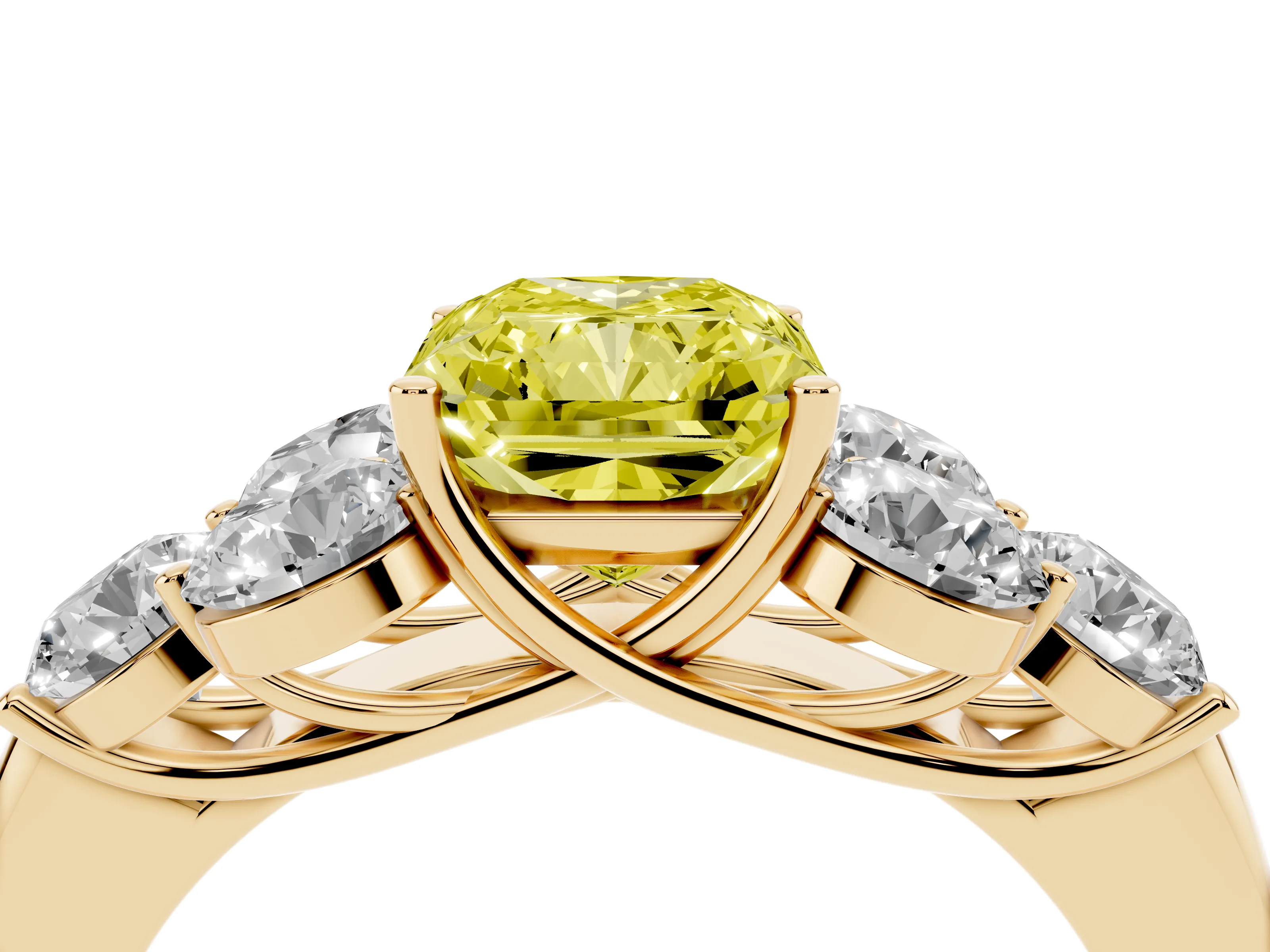Fancy Yellow Radiant Cut Diamond Cluster Ring Set in Yellow gold with Round Accent Stones and Prong Setting on a Plain Band