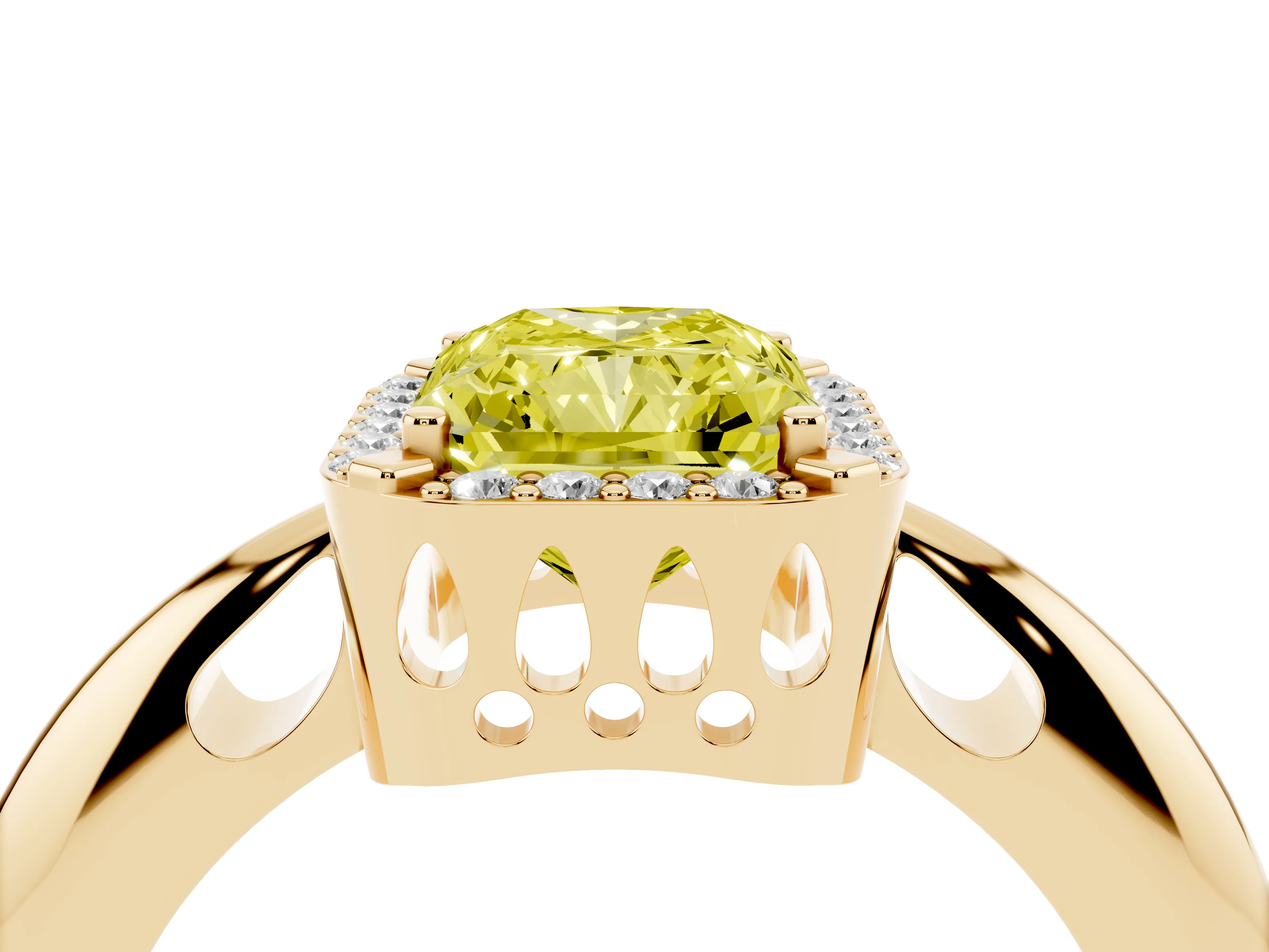 Fancy Yellow Radiant Cut Diamond Halo Engagement Ring Set in Yellow gold with Plain Split Shank and Prong Setting
