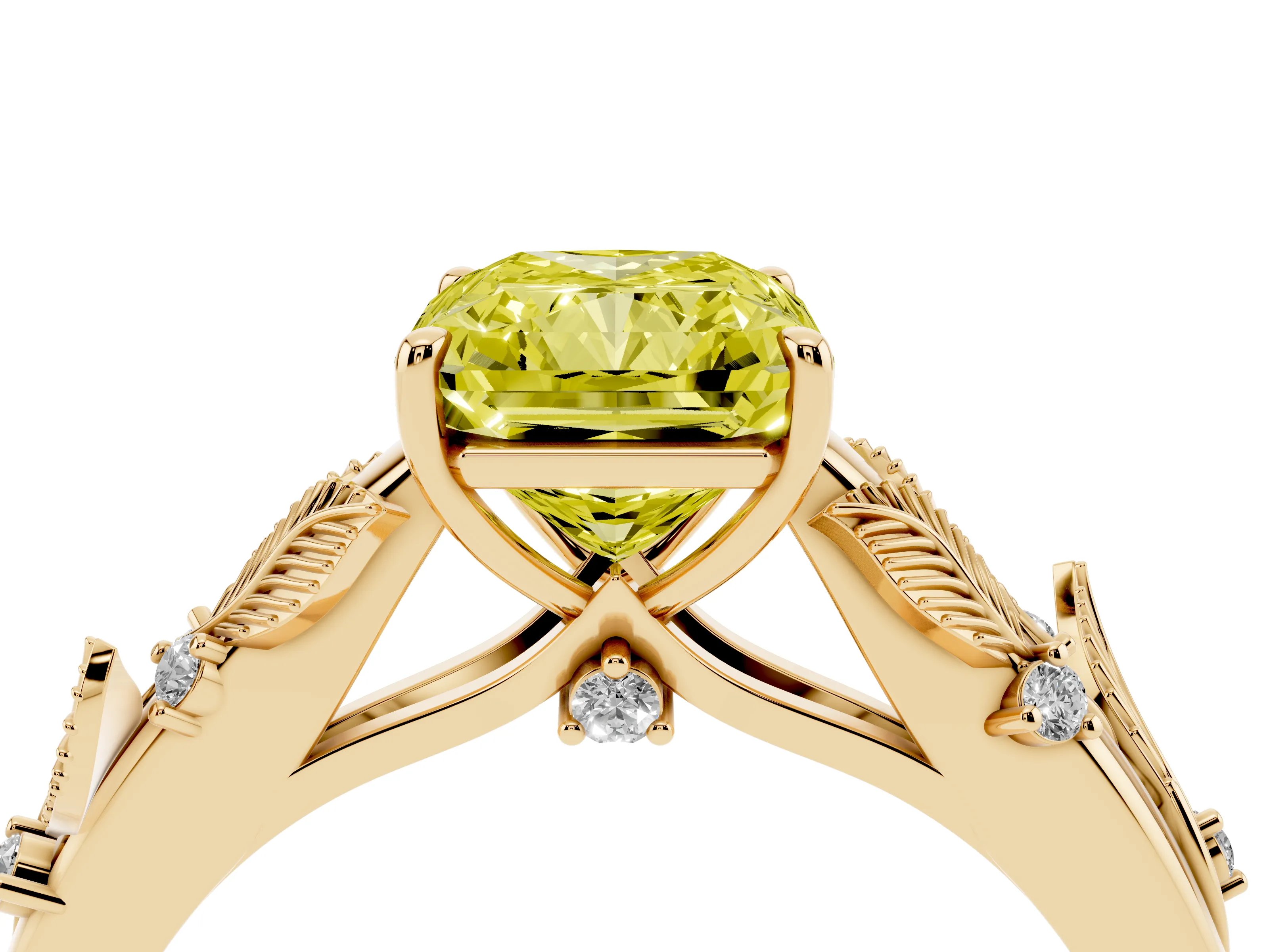 Fancy Yellow Radiant Cut Diamond Solitaire Ring Set in Yellow gold with Leaf Motif Band
