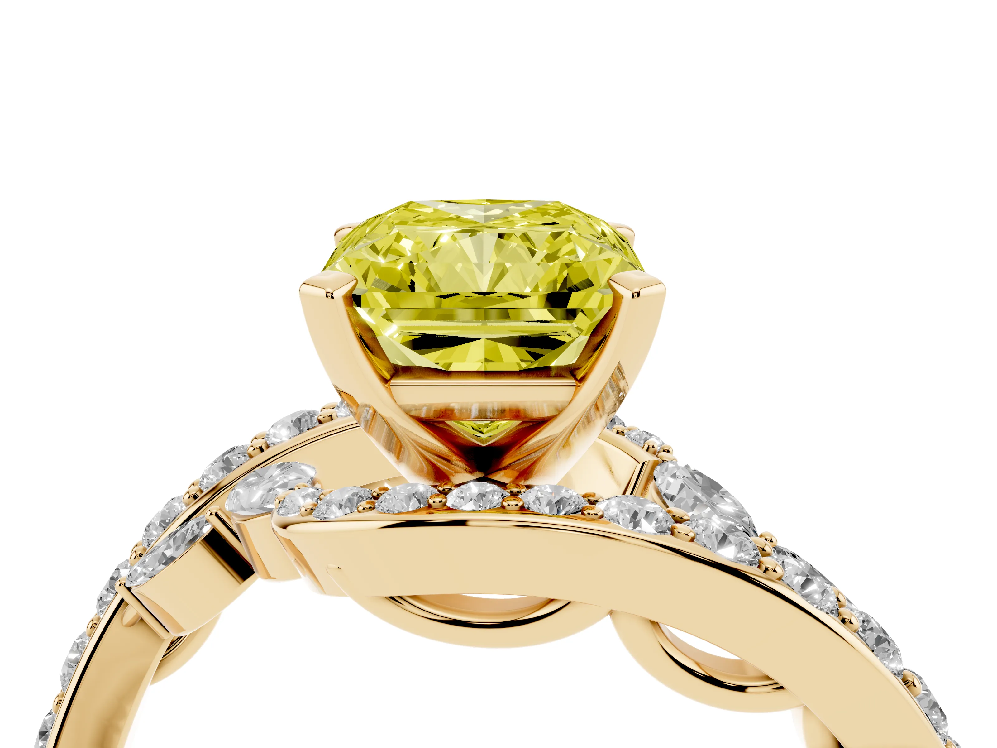 Fancy Yellow Radiant Cut Diamond Solitaire Ring Set in Yellow gold with Pavé Twist Band and Secure Prong Setting