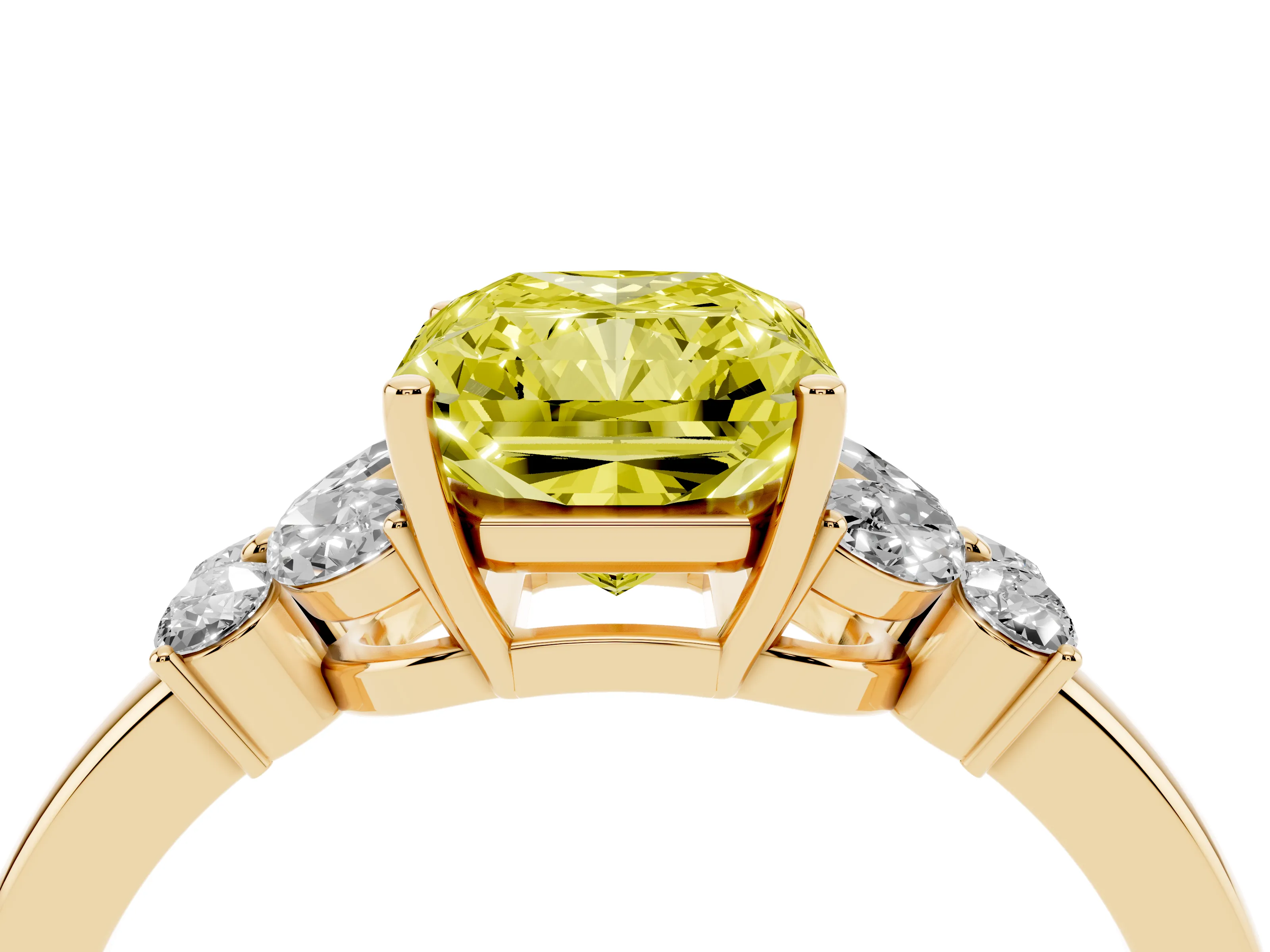 Fancy Yellow Radiant Cut Diamond Solitaire Floral Ring Set in Yellow gold with Marquise Petals and Prong Setting