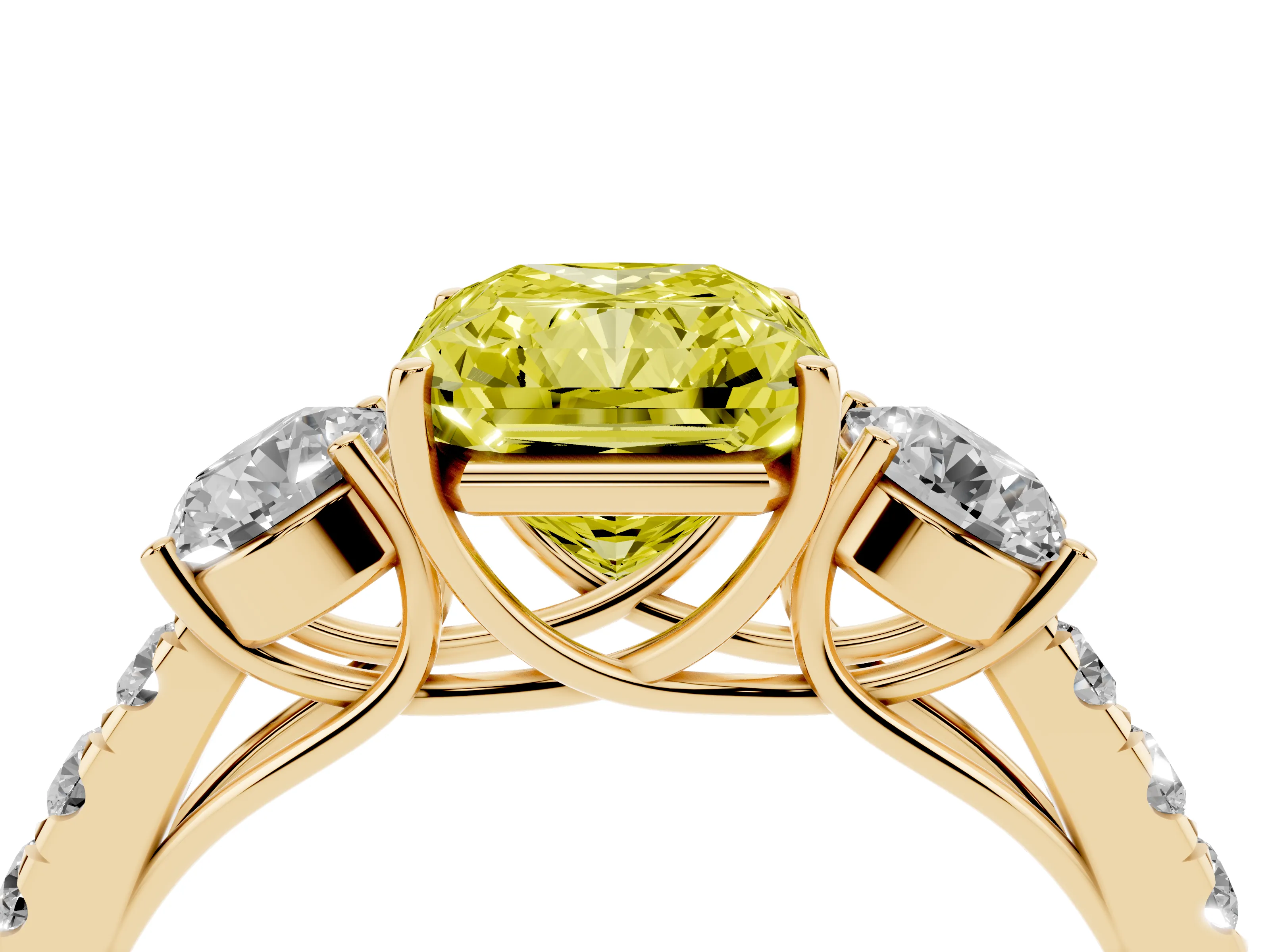 Fancy Yellow Radiant Cut Diamond Three-Stone Ring Set in Yellow gold with Round Side Stones and Delicate Pavé Band