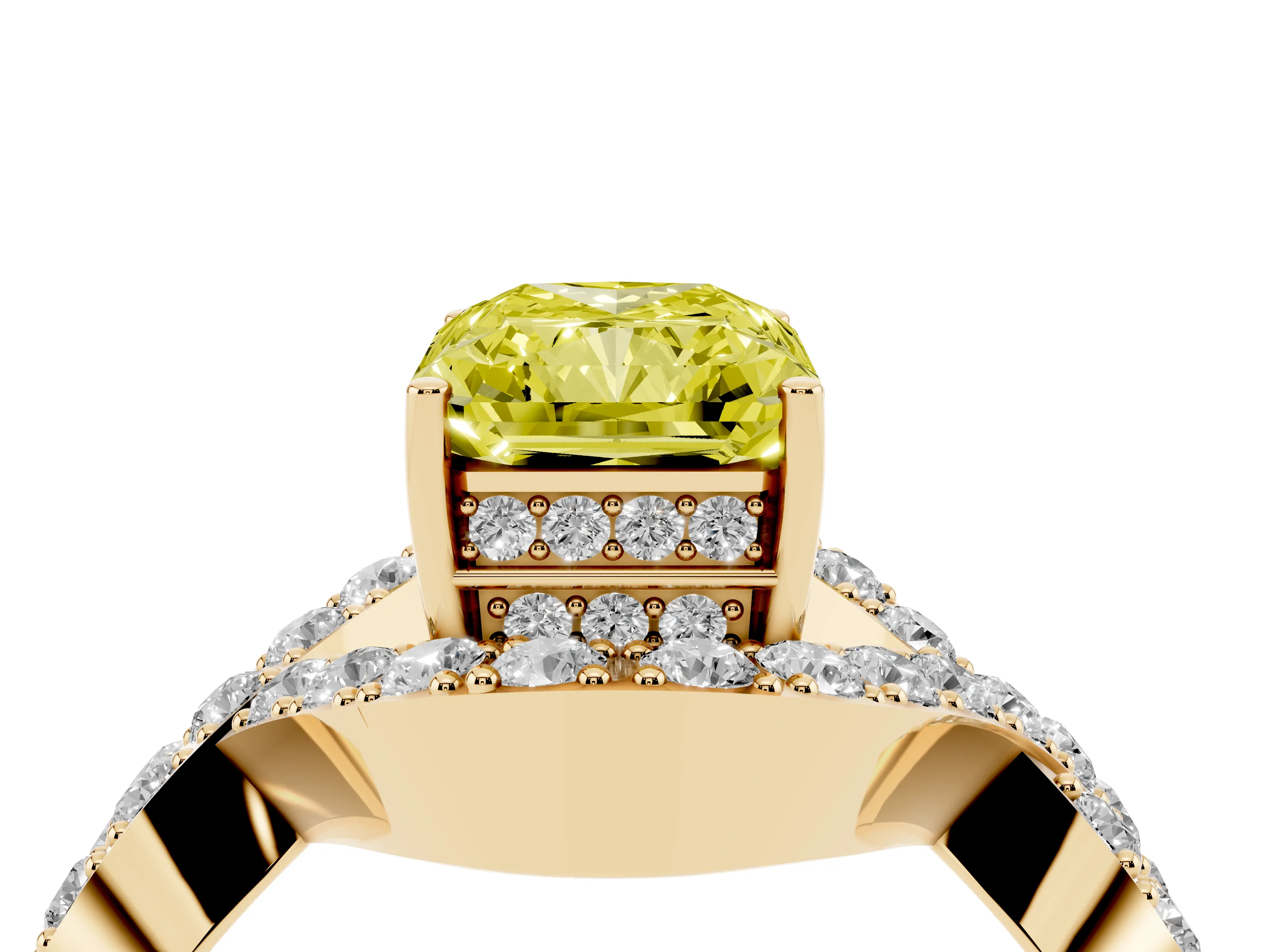 Fancy Yellow Radiant Cut Diamond Solitaire Twist Band Pavé Engagement Ring Set in Yellow gold