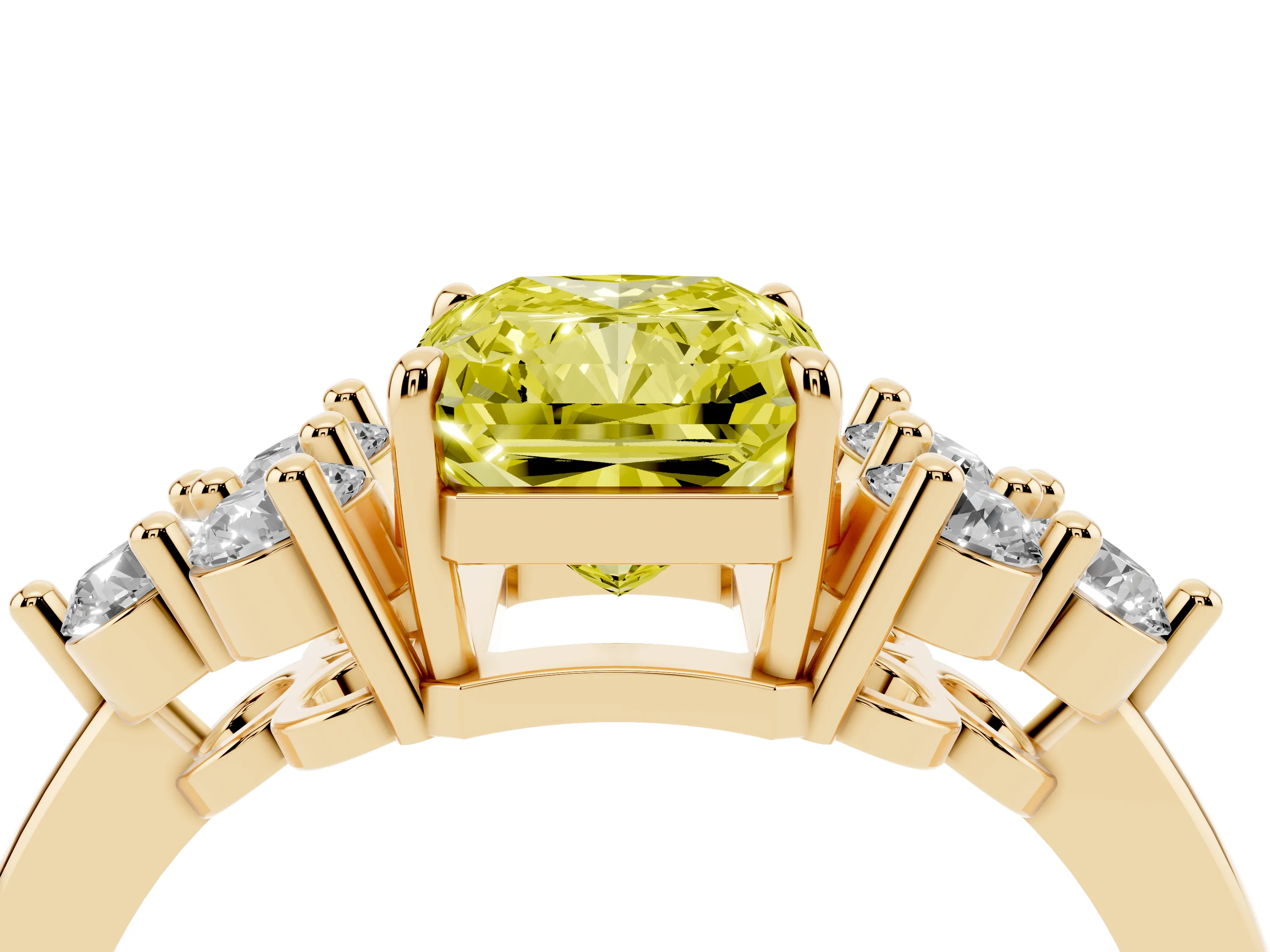 Fancy Yellow Radiant Cut Diamond Solitaire Ring Set in Yellow gold with Cluster Accents on Each Side