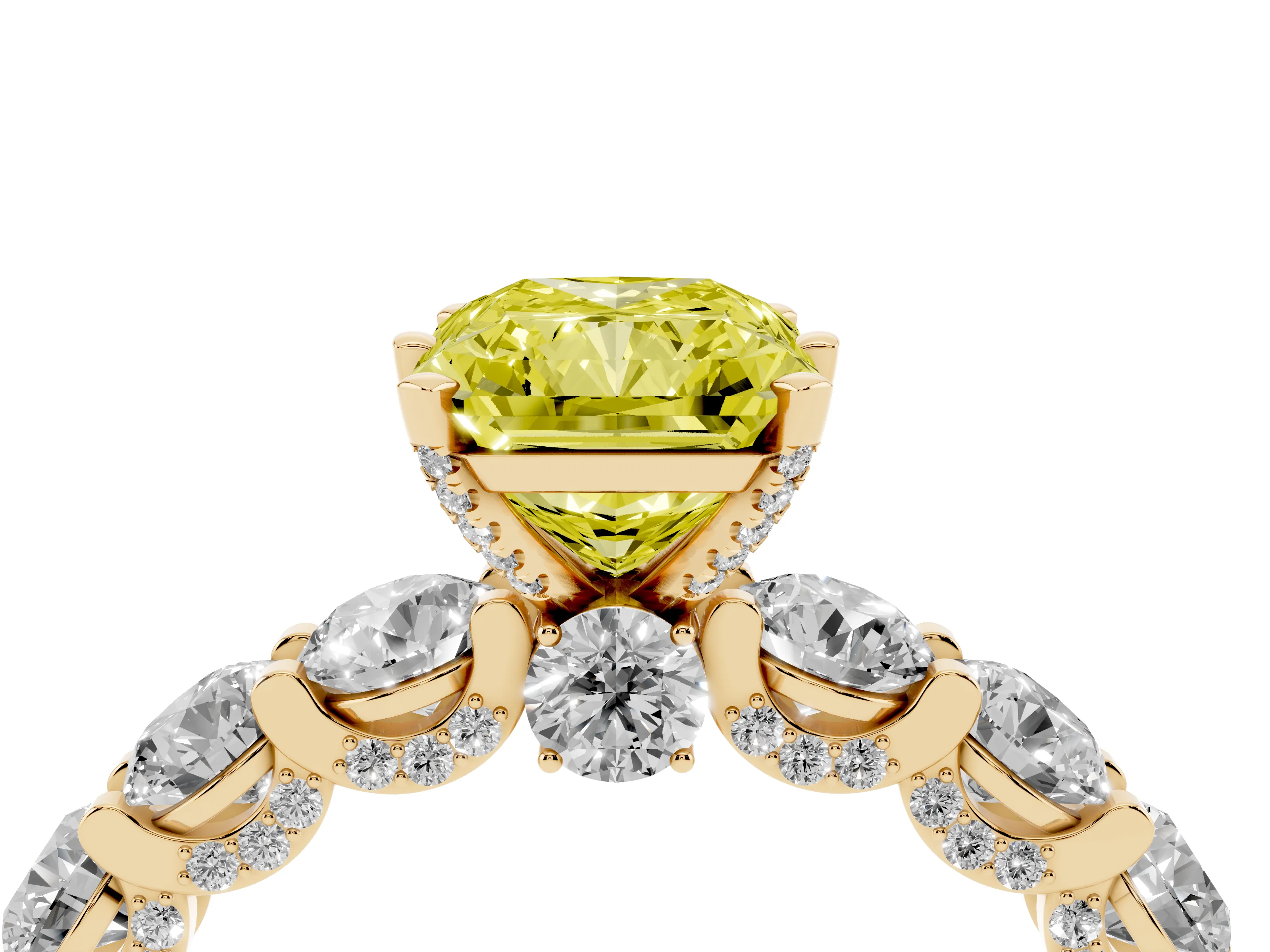 Fancy Yellow Radiant Cut Diamond Side Stone Ring Set in Yellow gold with Alternating Round and Oval Side Stones