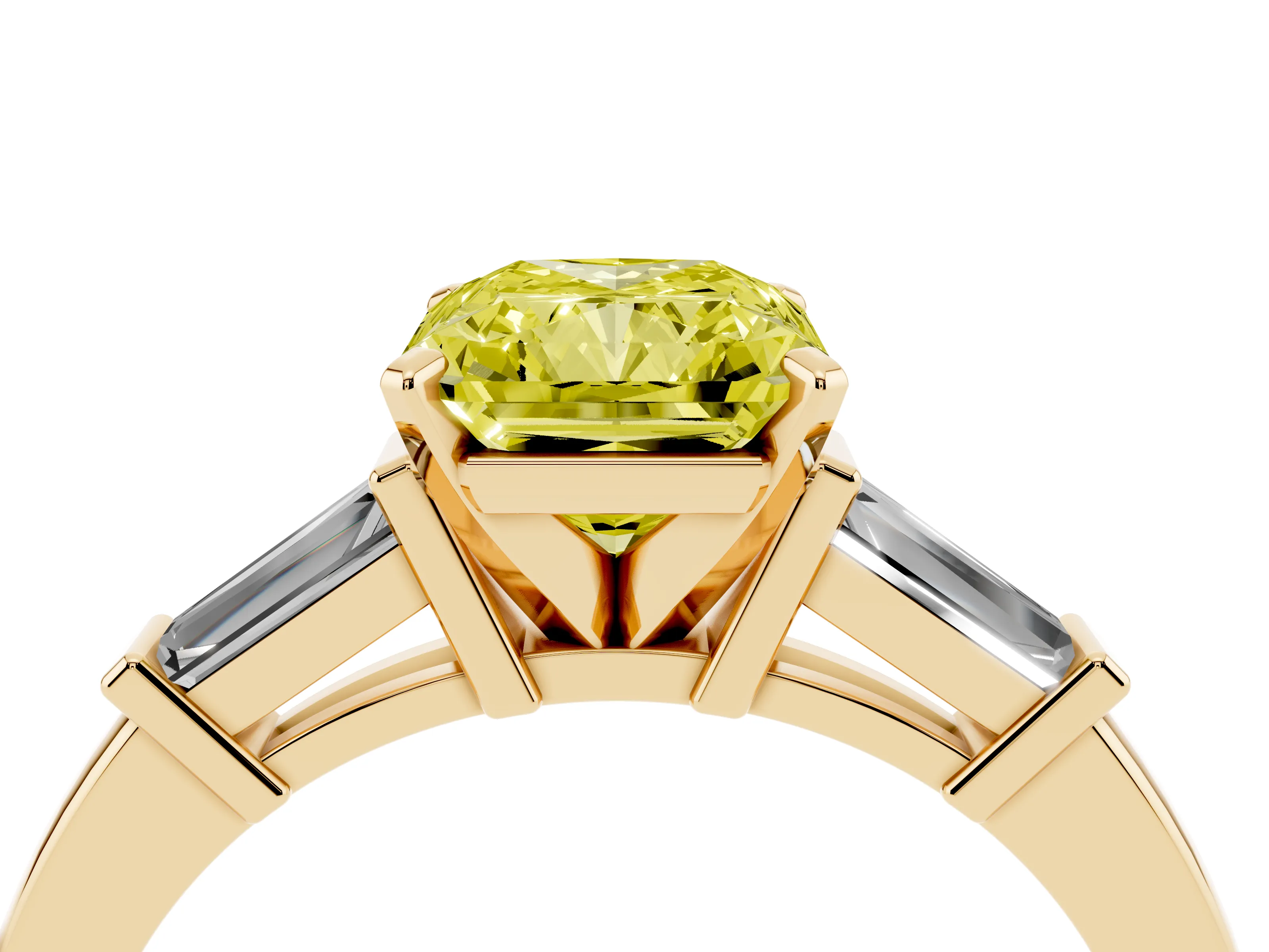 Fancy Yellow Radiant Cut Diamond Solitaire Ring Set in Yellow gold with Tapered Baguette Accents and Prong Setting