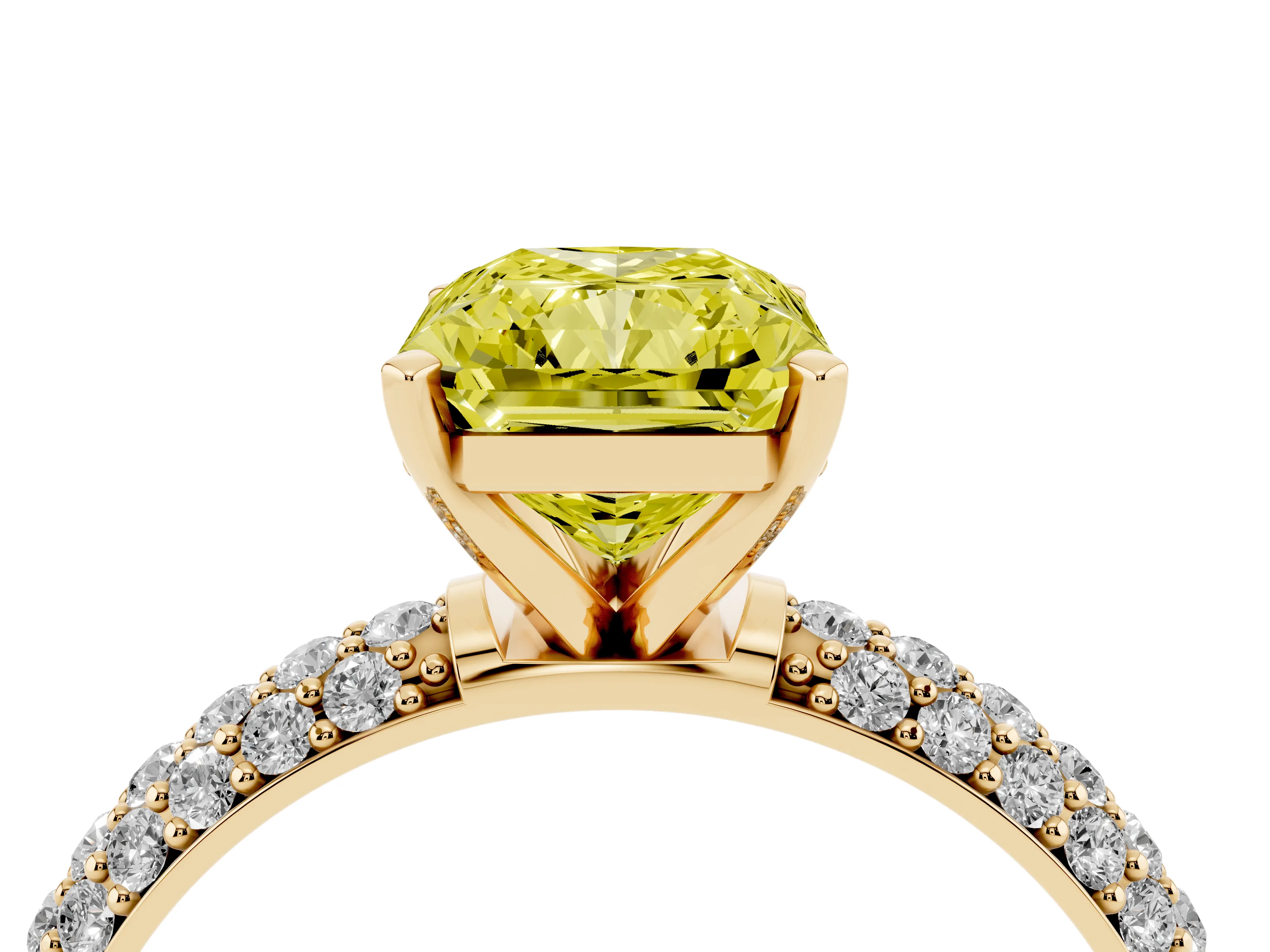 Fancy Yellow Radiant Cut Diamond Solitaire Ring Set in Yellow gold with Prong Setting and Pavé-Set Band