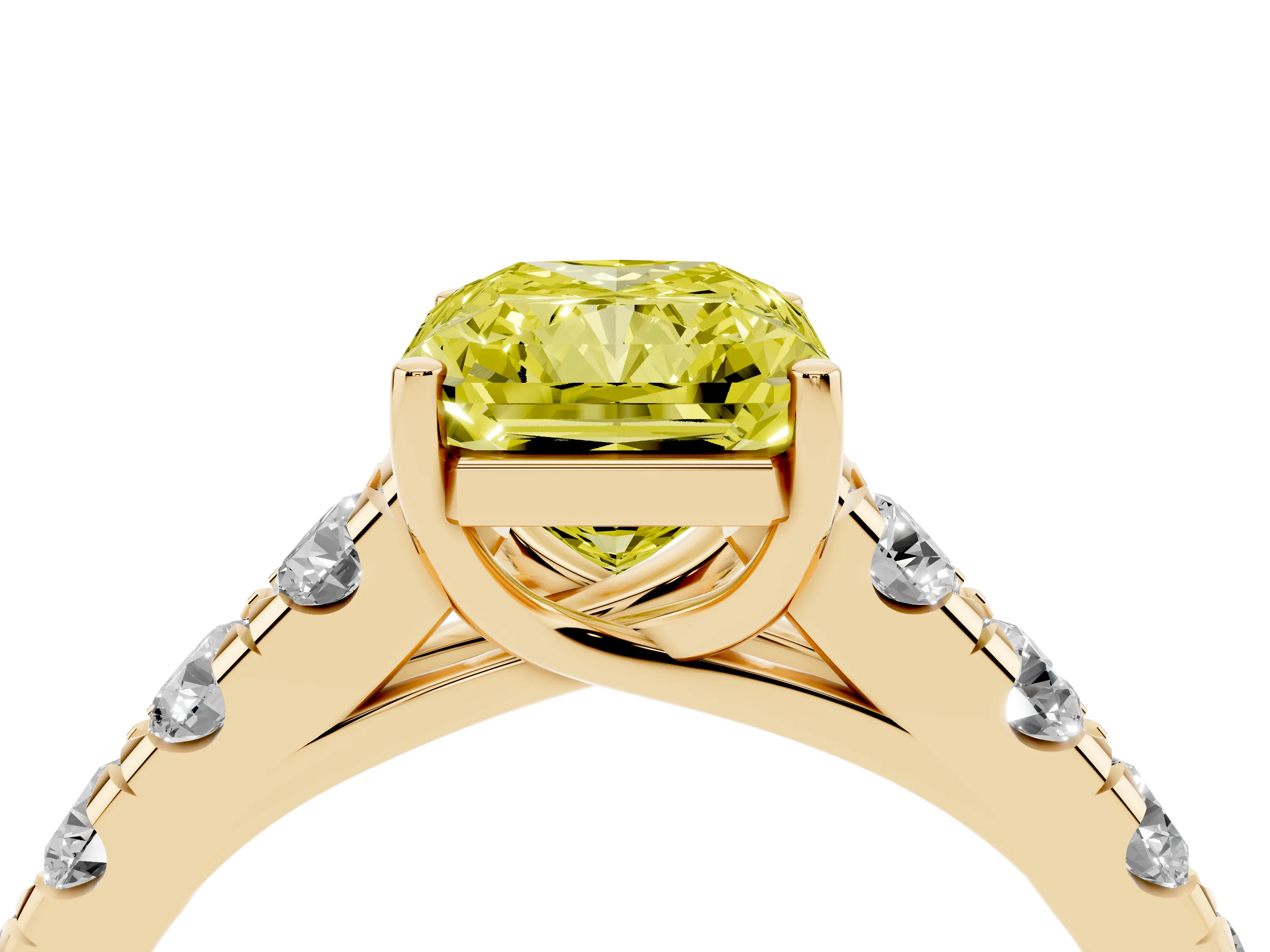 Fancy Yellow Radiant Cut Diamond Solitaire Ring Set in Yellow gold with Cut-Down Micro Pavé Band and Prong Setting