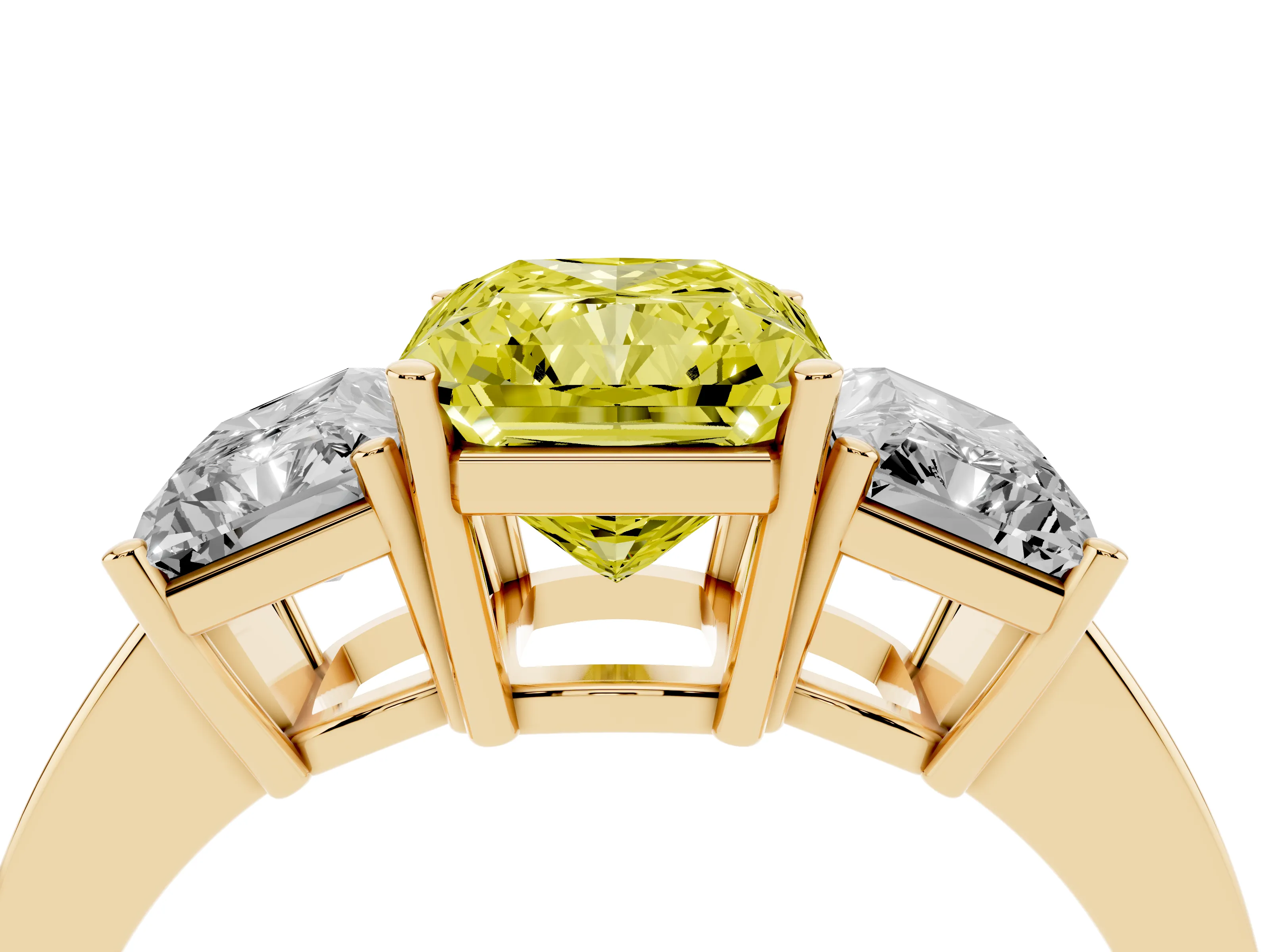 Fancy Yellow Radiant Cut Diamond Three-Stone Engagement Ring Set in Yellow gold with Flat Band