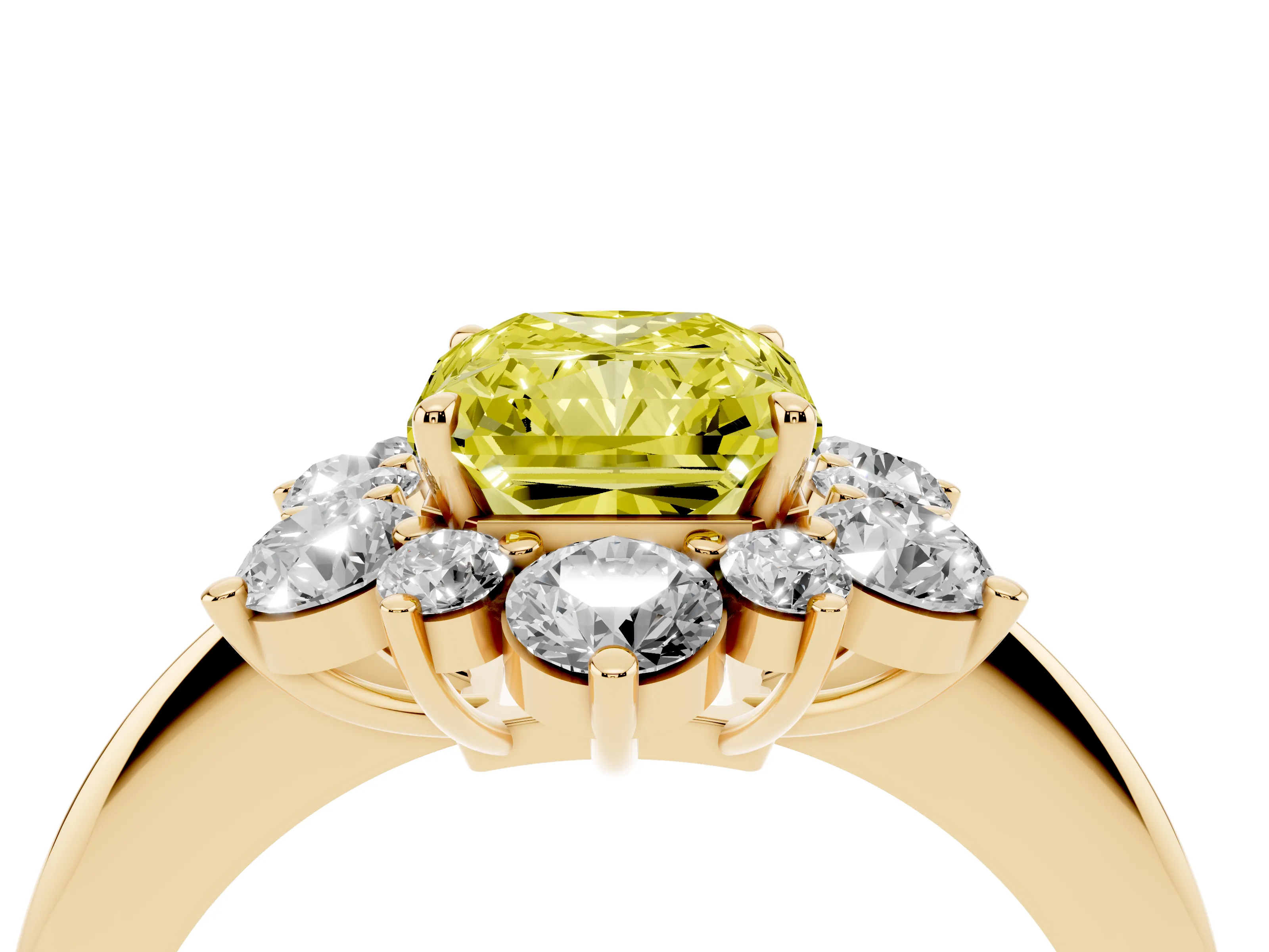 Fancy Yellow Radiant Cut Diamond Cluster Halo Ring Set in Yellow gold with Solitaire Band and Prong Setting