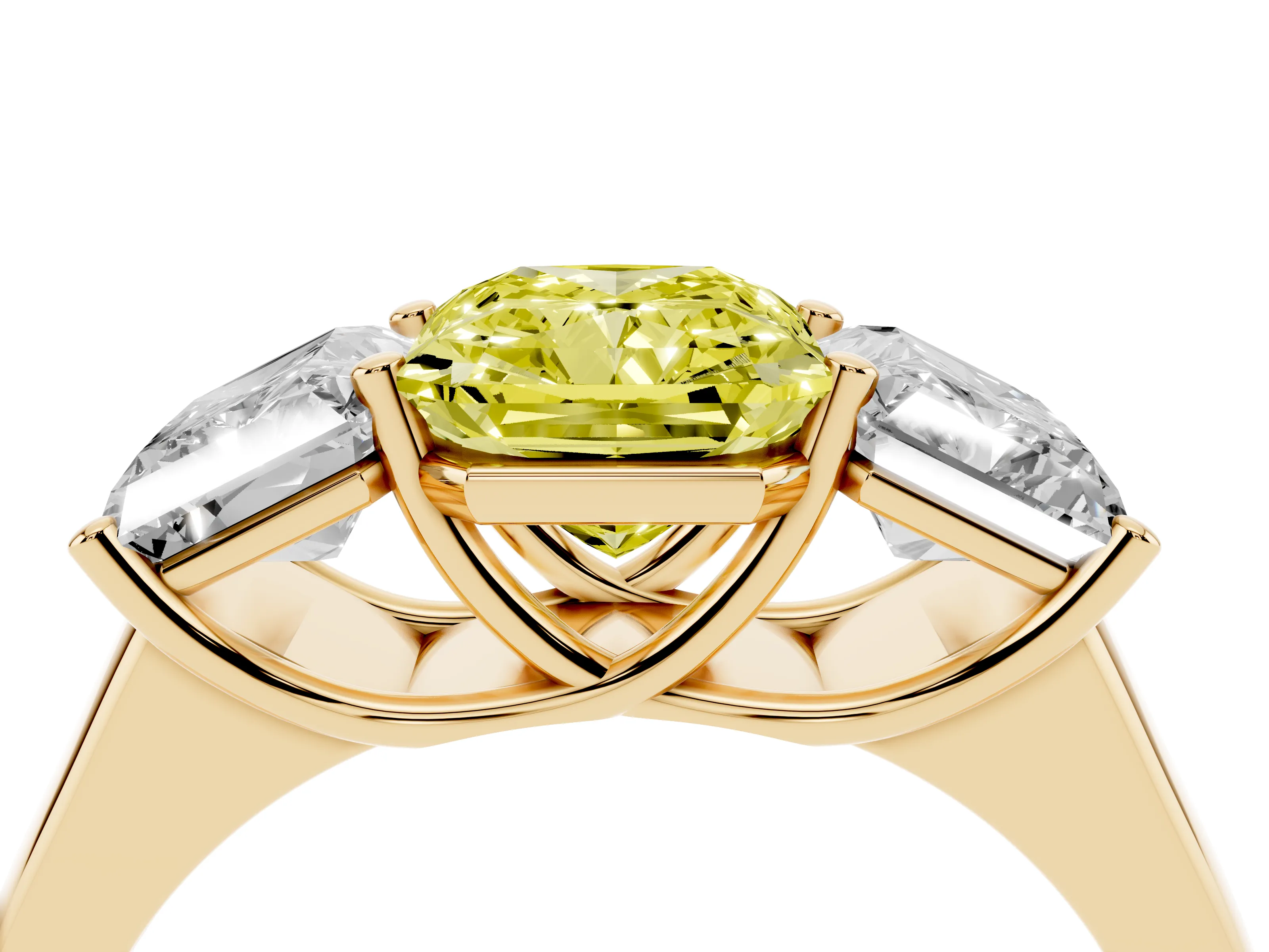 Fancy Yellow Radiant Cut Diamond Three-Stone Ring Set in Yellow gold with Plain Polished Band