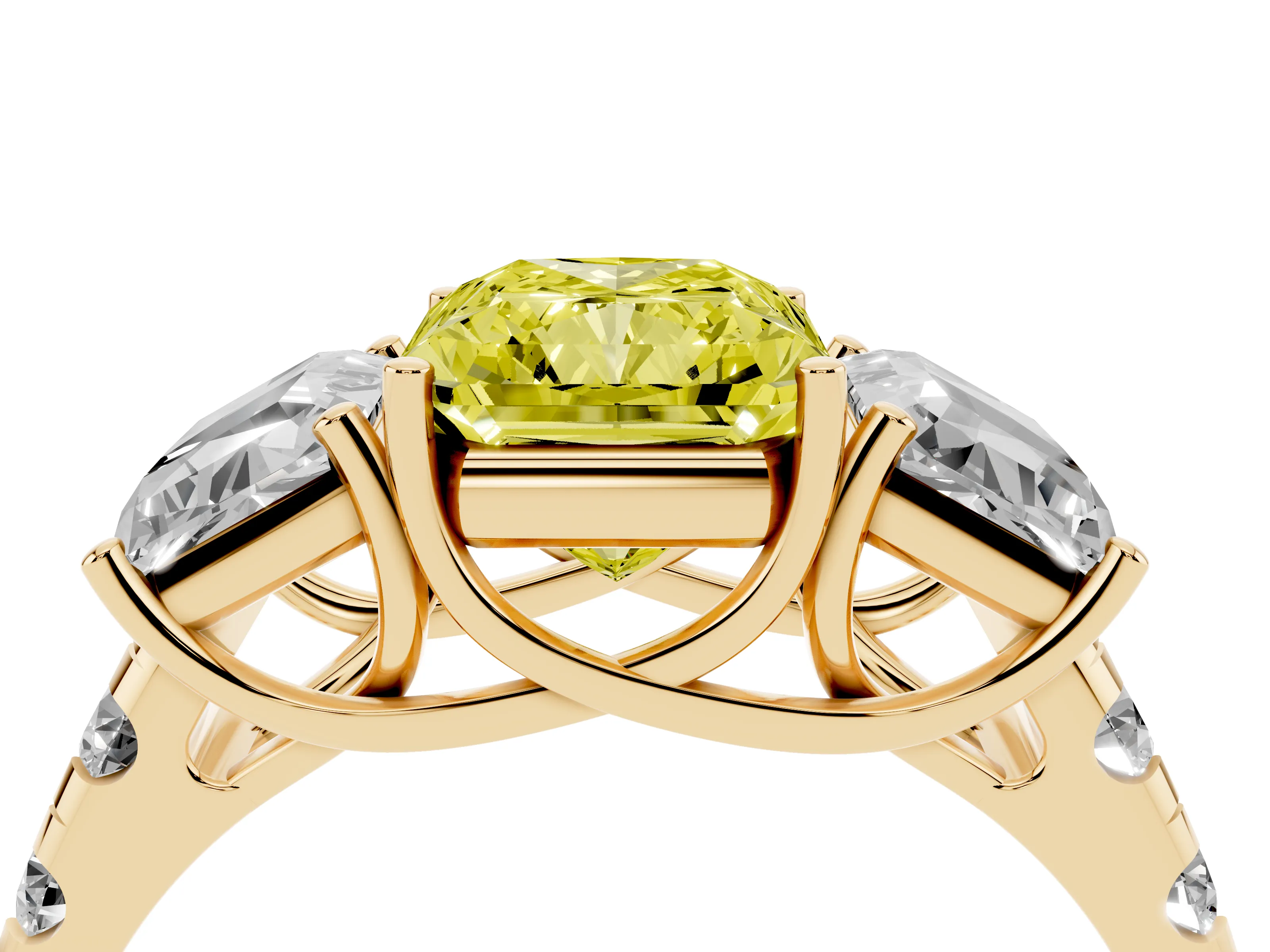 Fancy Yellow Radiant Cut Diamond Three-Stone Ring Set in Yellow gold with Pavé Band