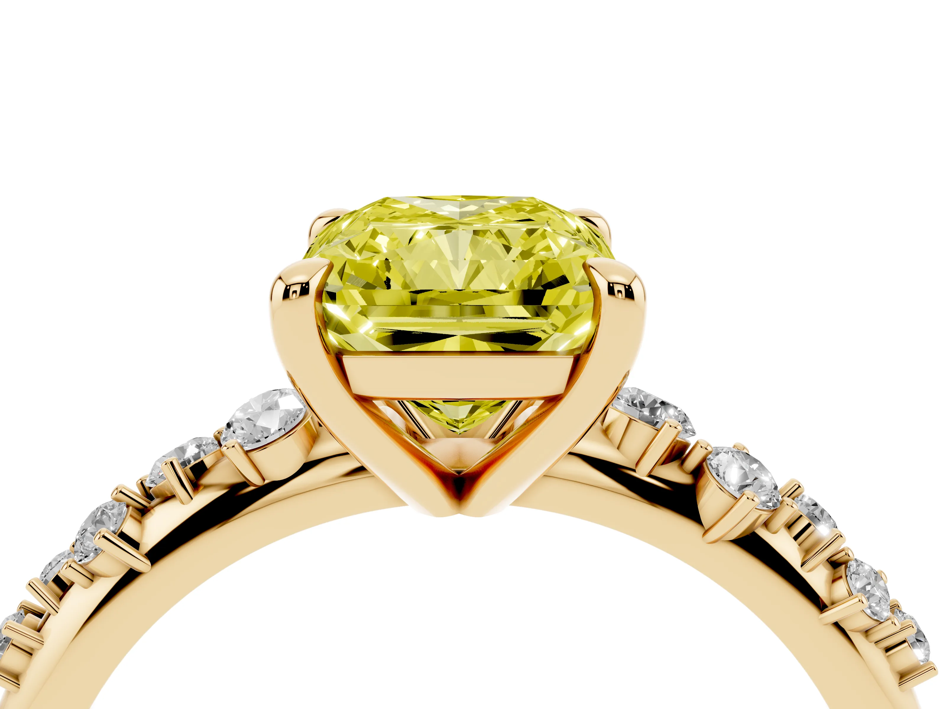 Fancy Yellow Radiant Cut Diamond Solitaire Vine Band Ring Set in Yellow gold with Round Accents and Prong Setting