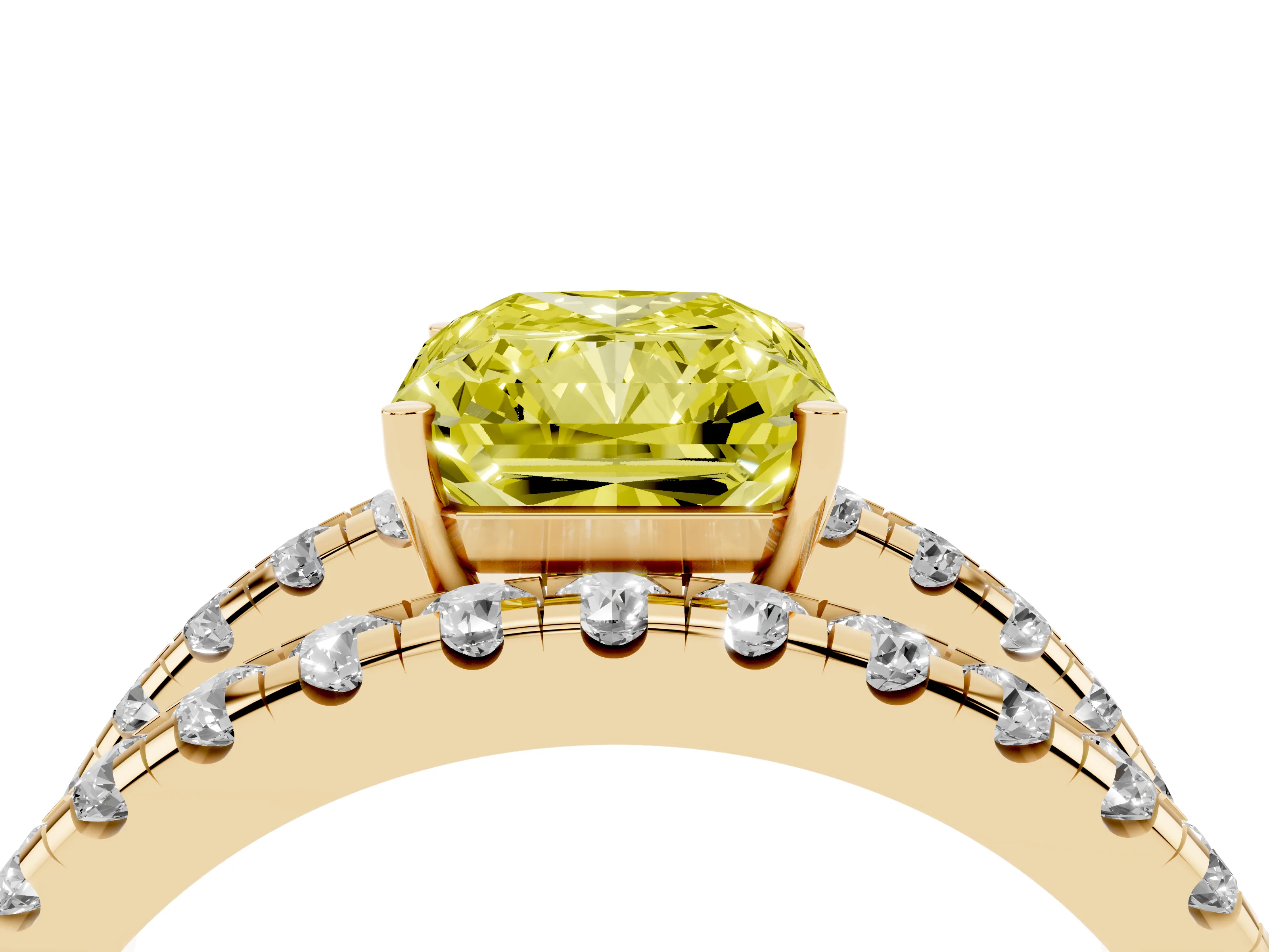 Fancy Yellow Radiant Cut Diamond Split Shank Pavé Solitaire Ring Set in Yellow gold with Open Shank Design