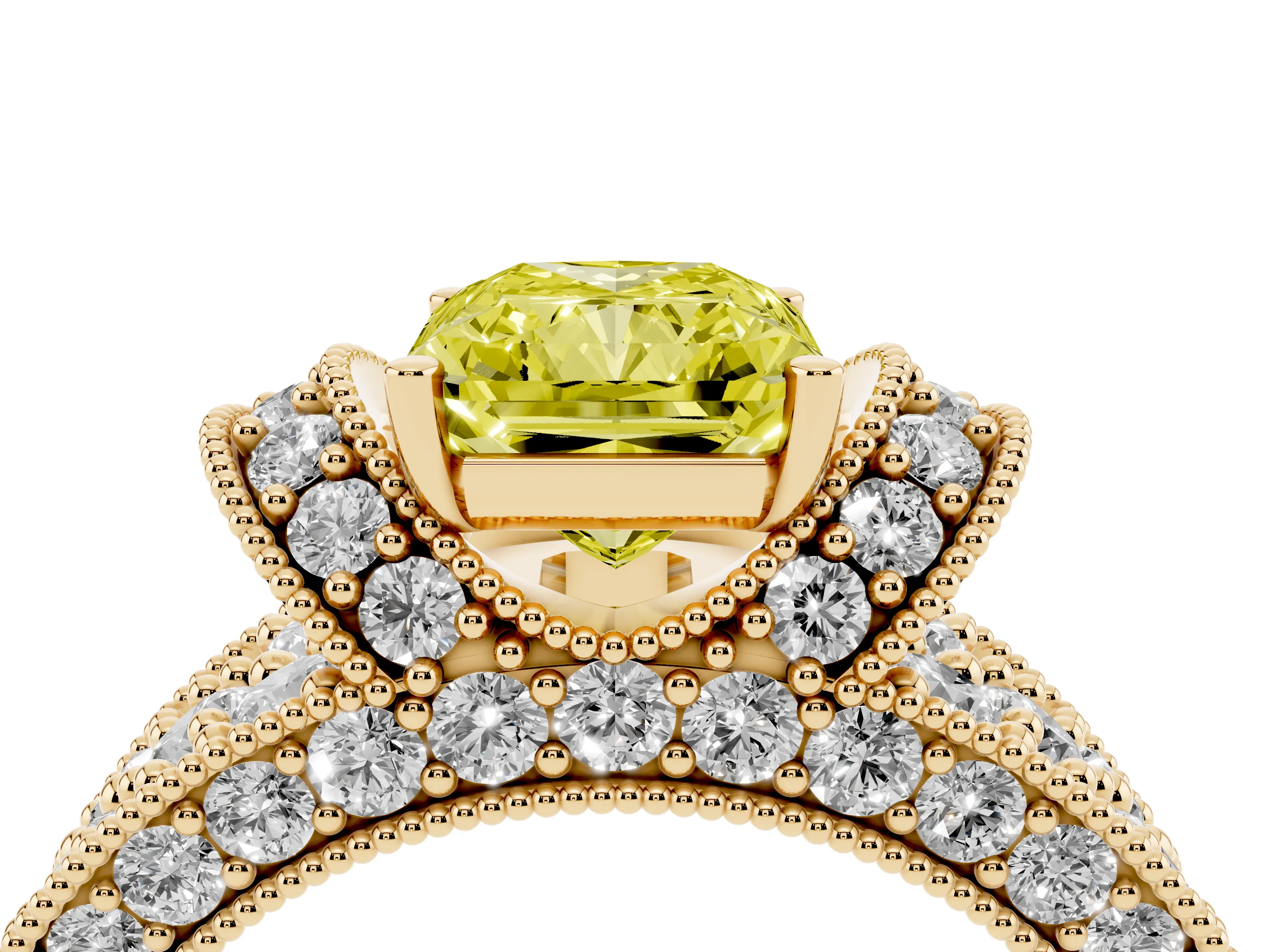 Fancy Yellow Radiant Cut Diamond Milgrain Halo Pavé Engagement Ring Set in Yellow gold with Prong Setting