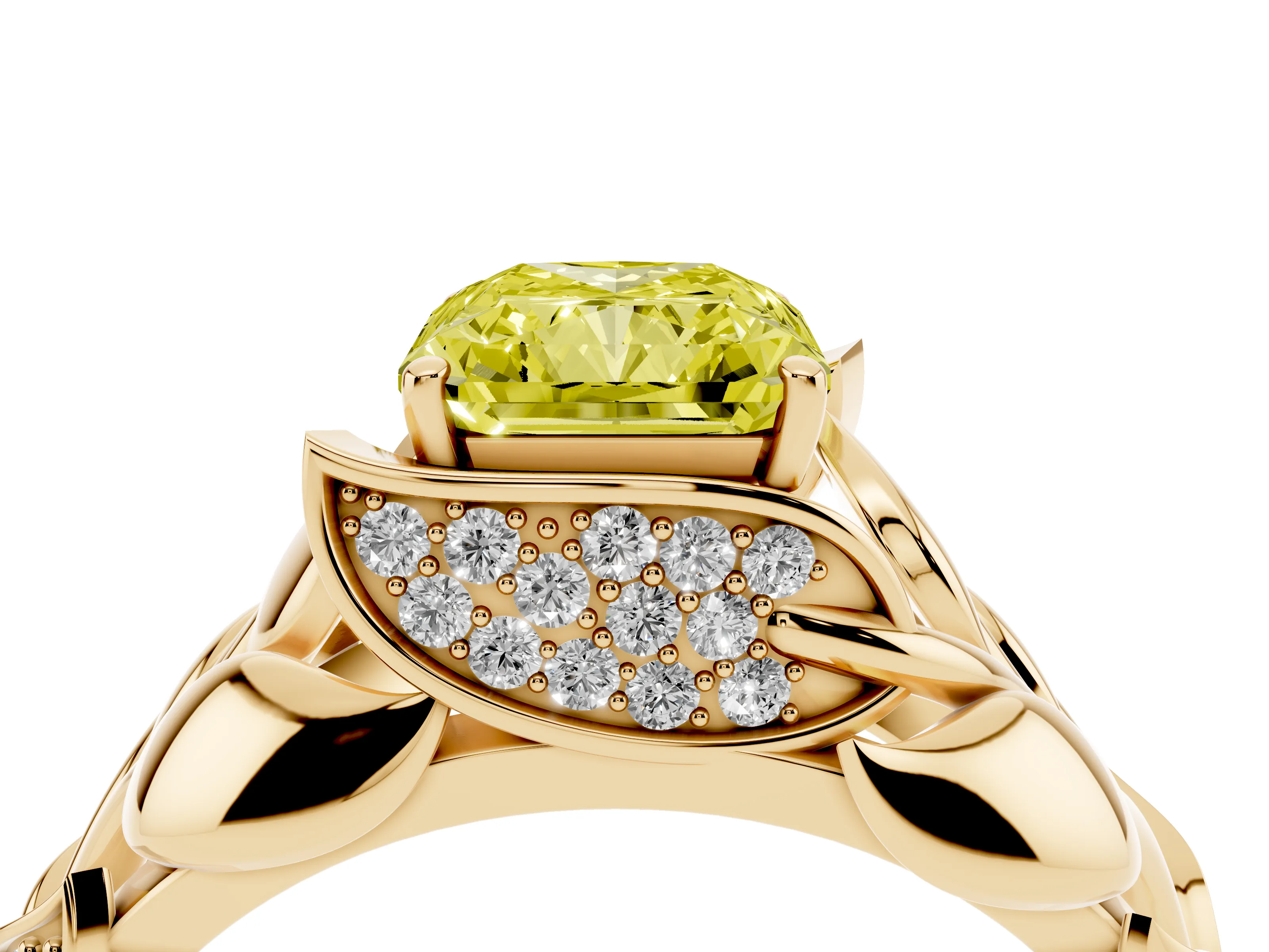 Fancy Yellow Radiant Cut Diamond Leaf-Inspired Engagement Ring Set in Yellow gold with Round Accents