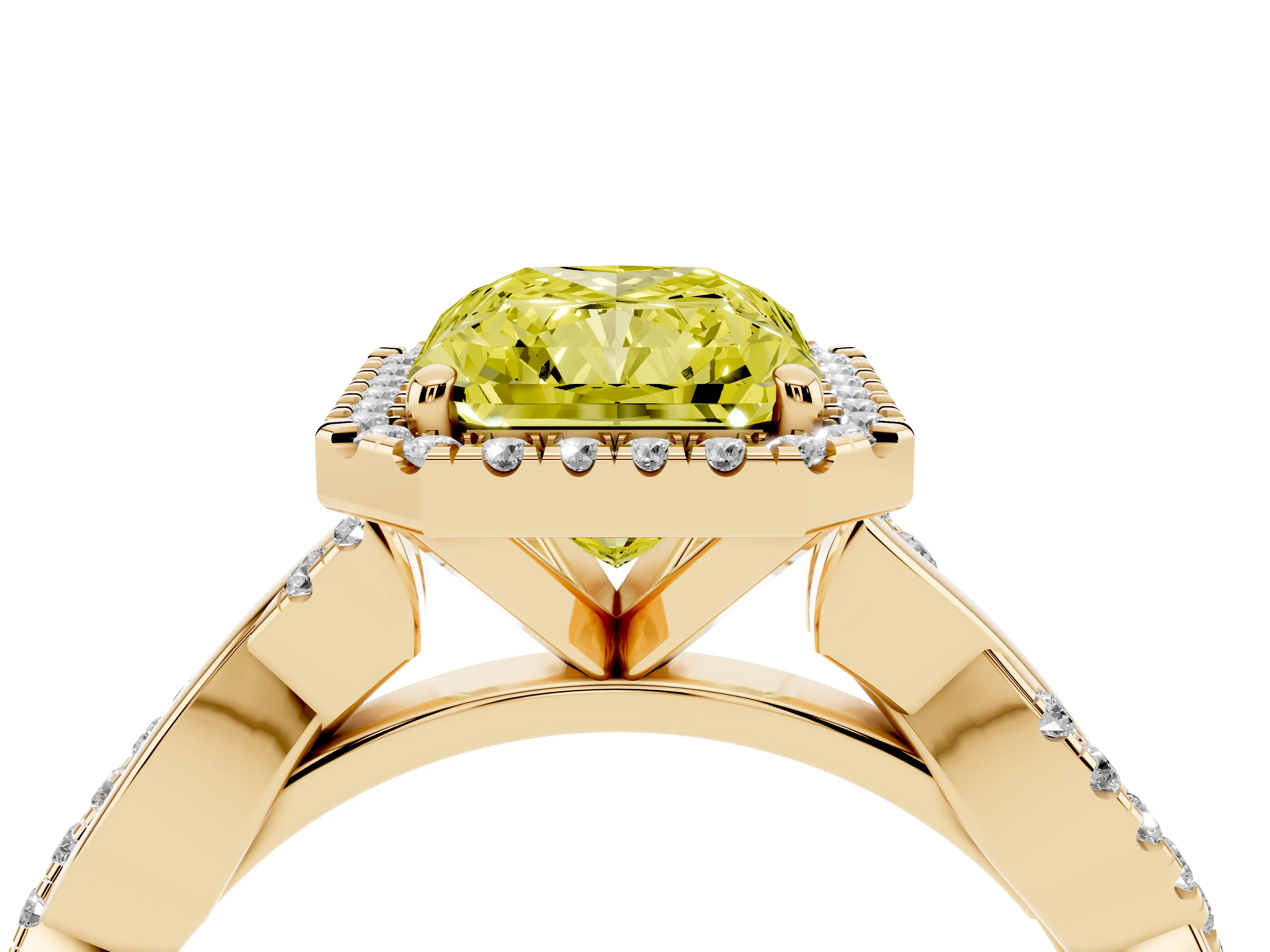 Fancy Yellow Radiant Cut Diamond Halo Twisted Band Ring Set in Yellow gold with Prong Setting
