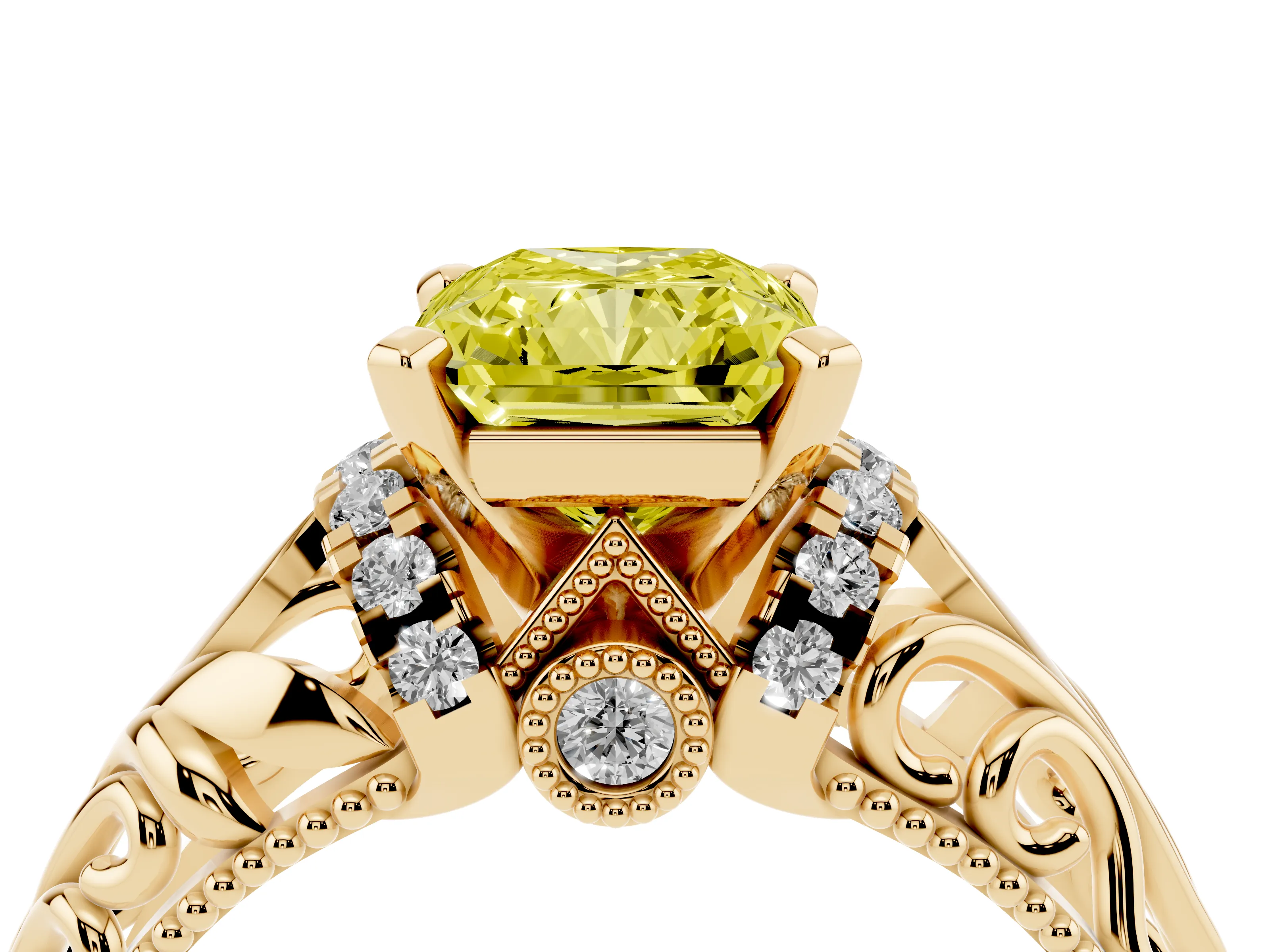 Fancy Yellow Radiant Cut Diamond Filigree Halo Engagement Ring Set in Yellow gold with Prong Setting