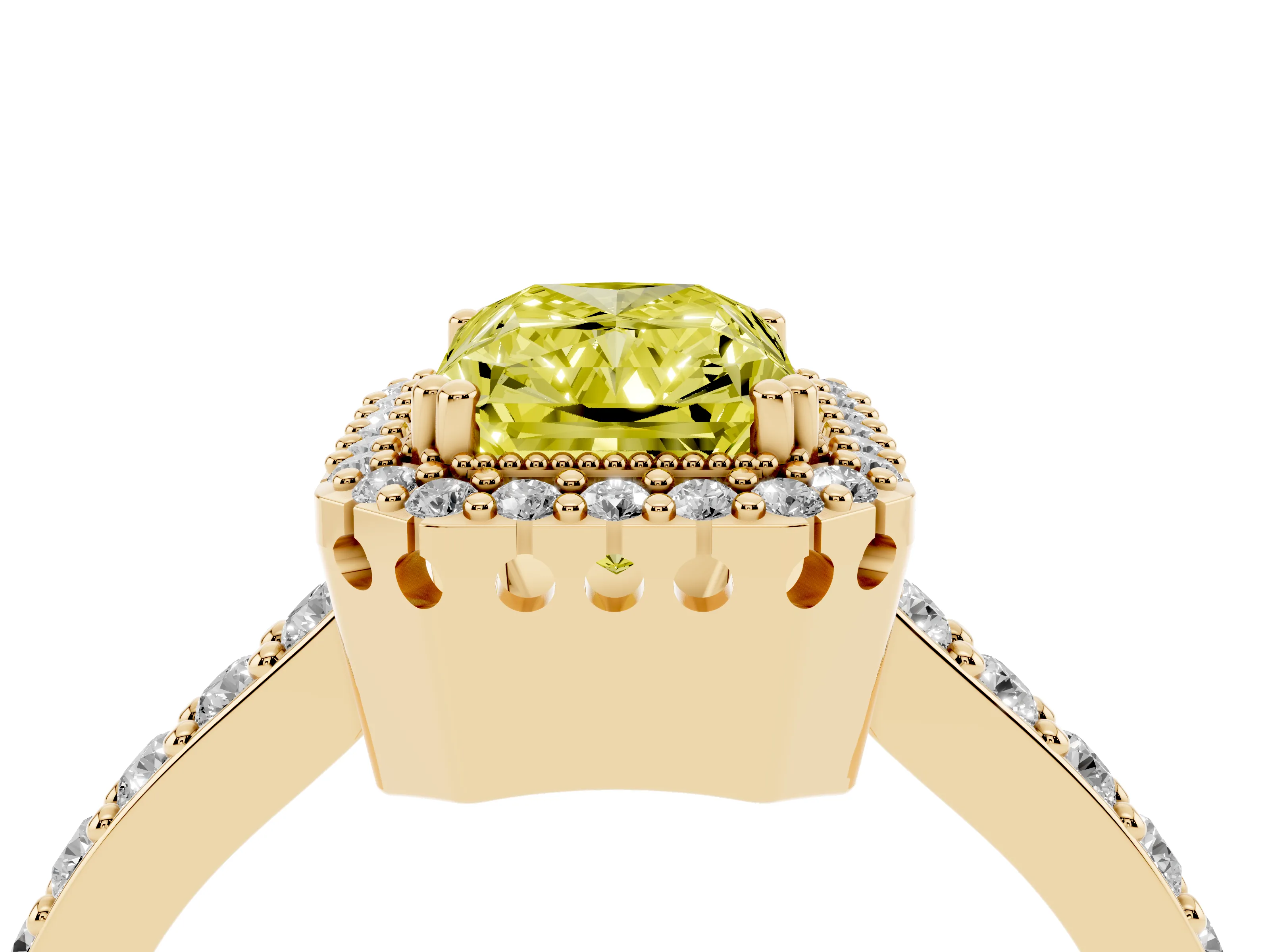Fancy Yellow Radiant Cut Diamond Halo Engagement Ring Set in Yellow gold with Milgrain Detail and Pavé Band