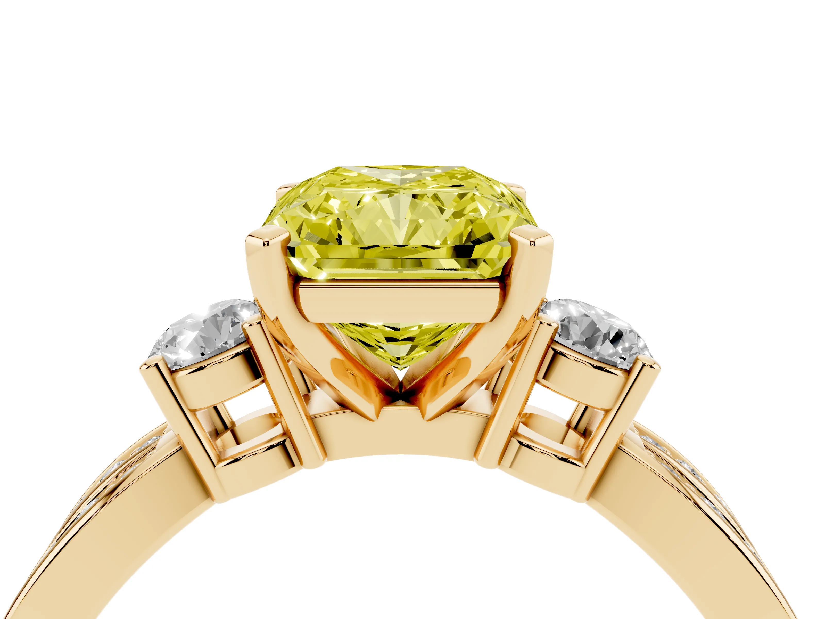 Fancy Yellow Three-Stone Radiant Cut Diamond Twist Band Ring Set in Yellow gold with Pavé Accents and Prong Setting