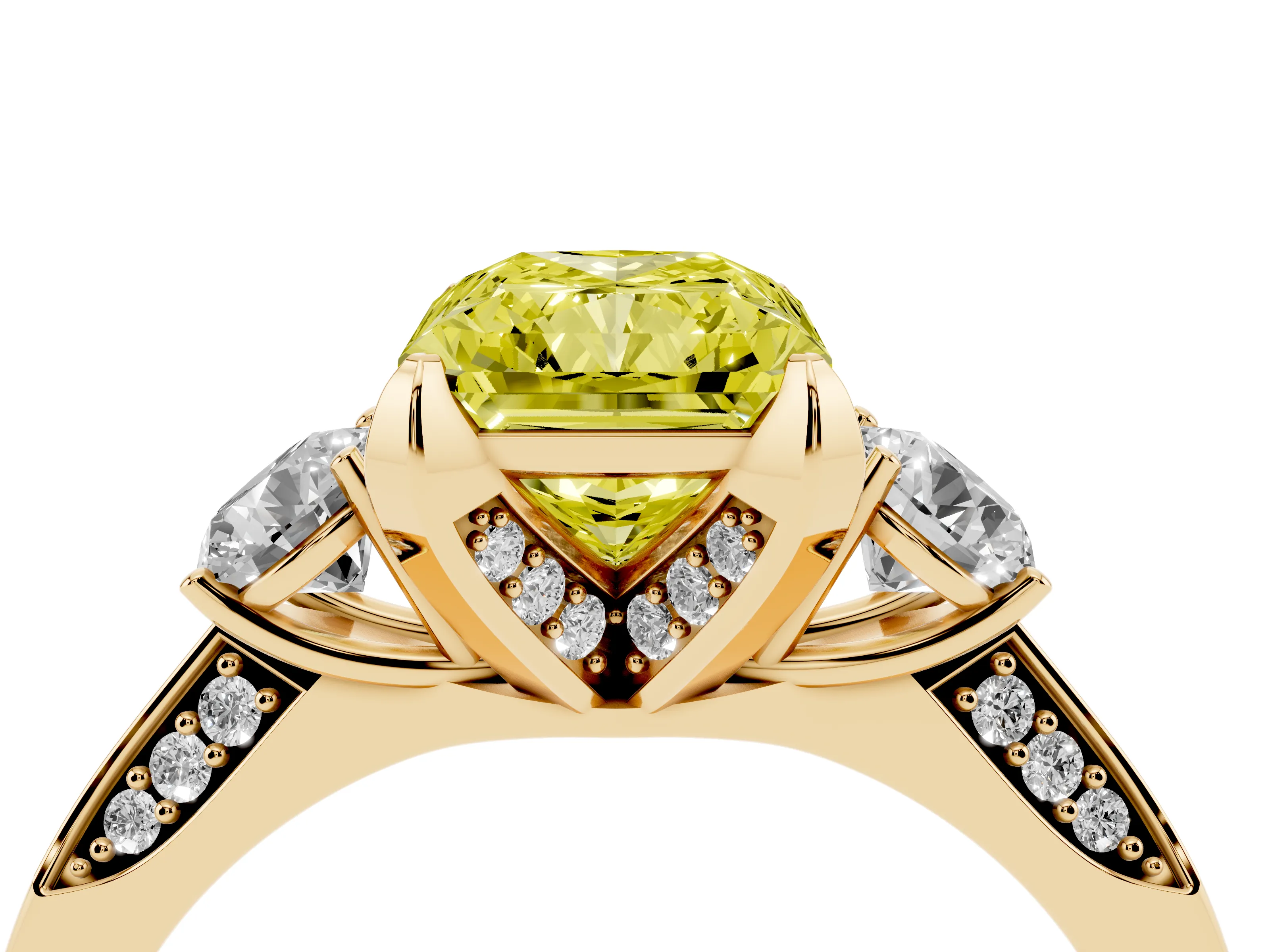 Fancy Yellow Radiant Cut Diamond Three-Stone Ring Set in Yellow gold with Pavé Band and Smaller Side Stones