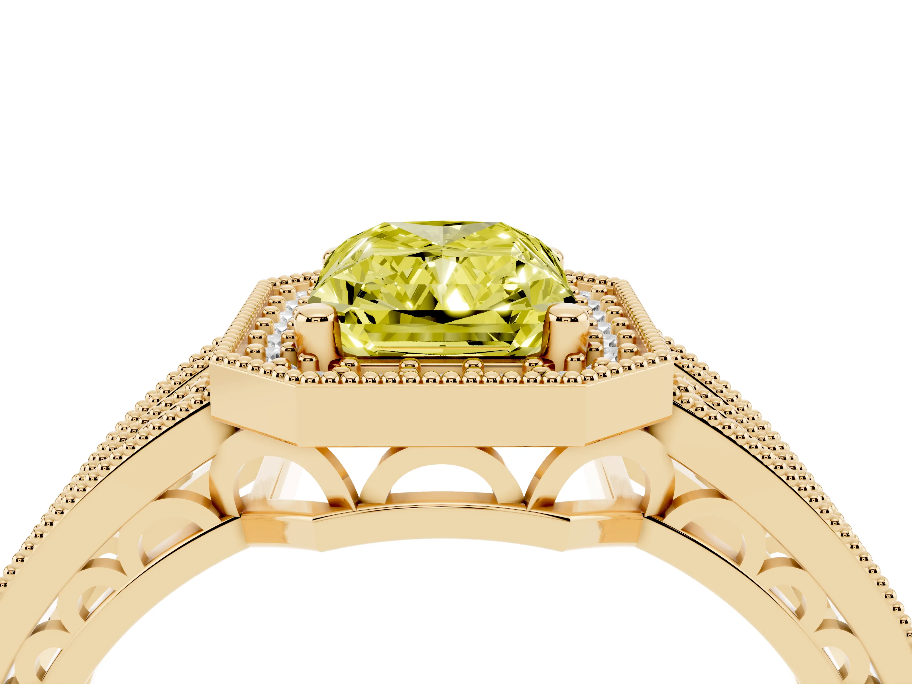 Fancy Yellow Radiant Cut Diamond Halo Ring Set in Yellow gold with Accent Split Shank and Prong Setting