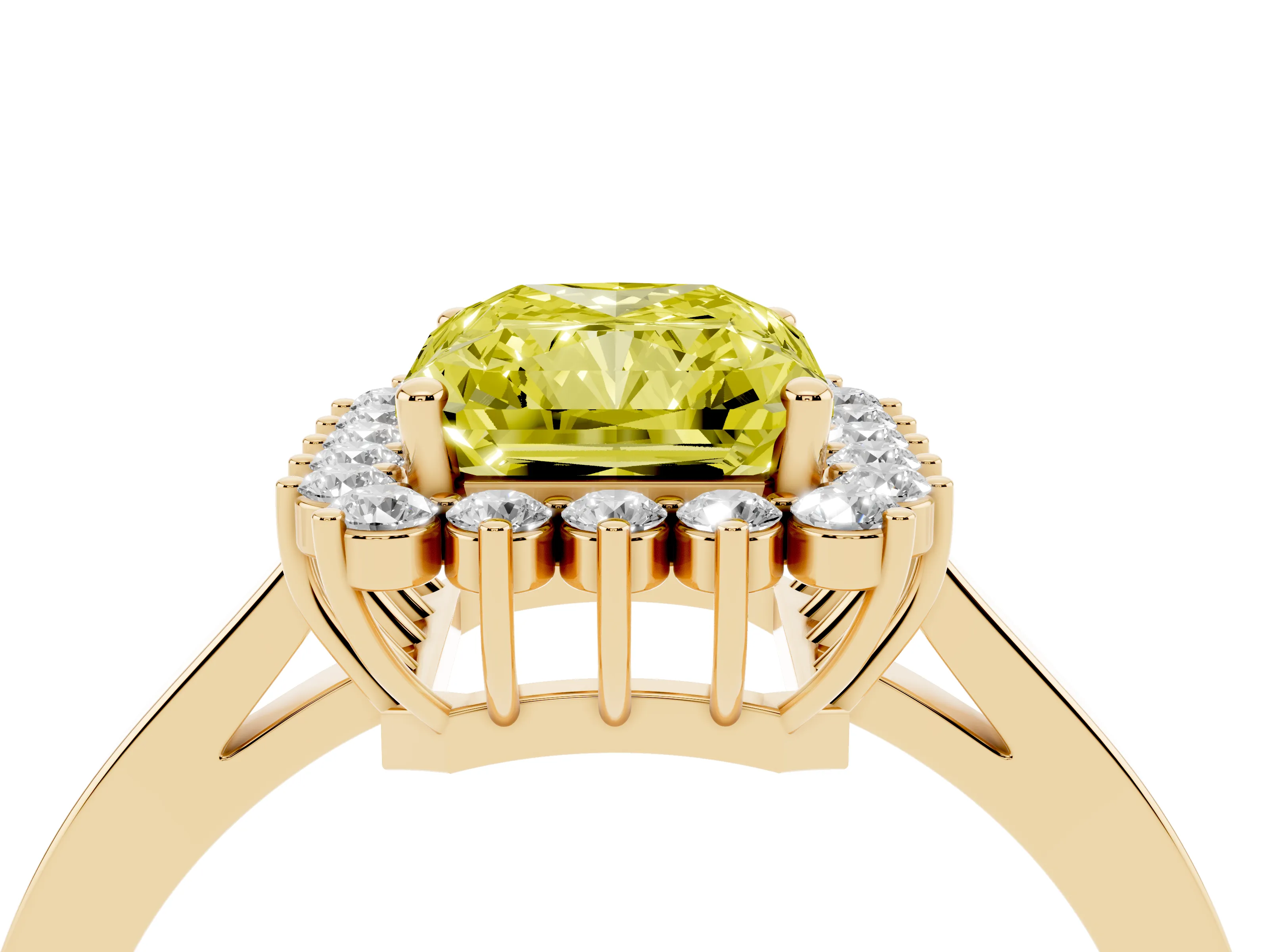 Fancy Yellow Radiant Cut Diamond Halo Ring Set in Yellow gold with Round Halo and Smooth Solitaire Band