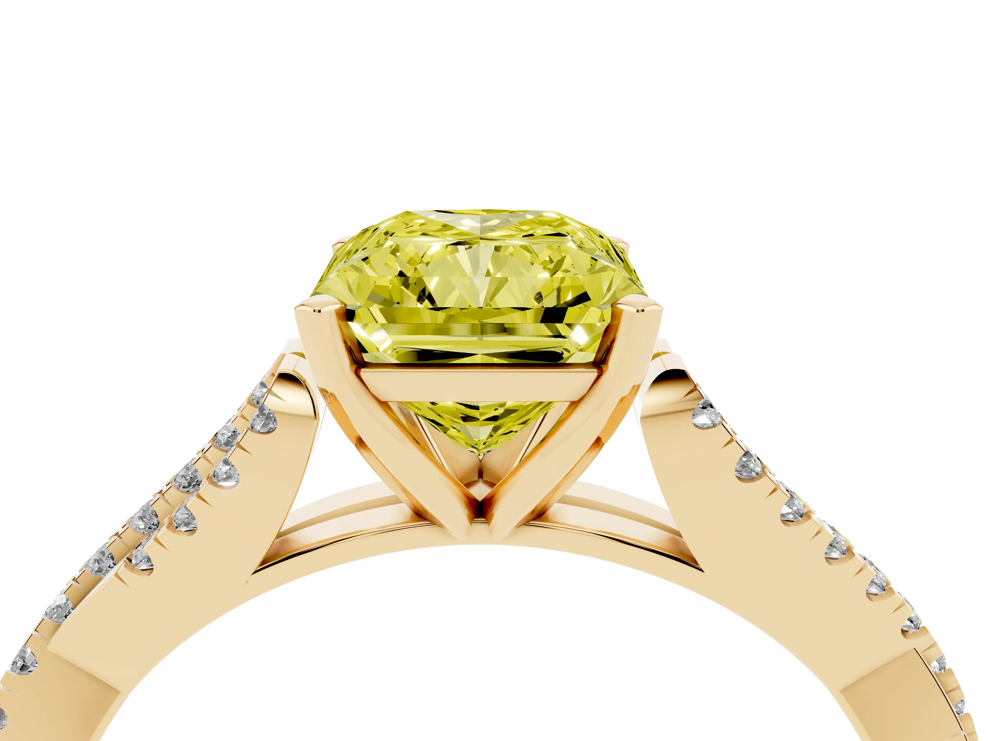 Fancy Yellow Radiant Cut Diamond Solitaire Engagement Ring Set in Yellow gold with Twisted Pavé Band and Prong Setting