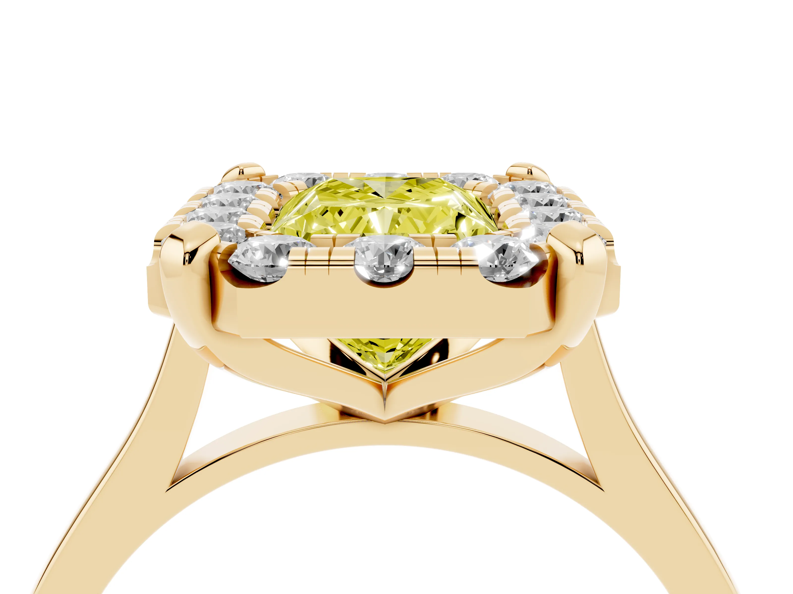 Fancy Yellow Radiant Cut Diamond Cluster Halo Solitaire Ring Set in Yellow gold with Prong Setting