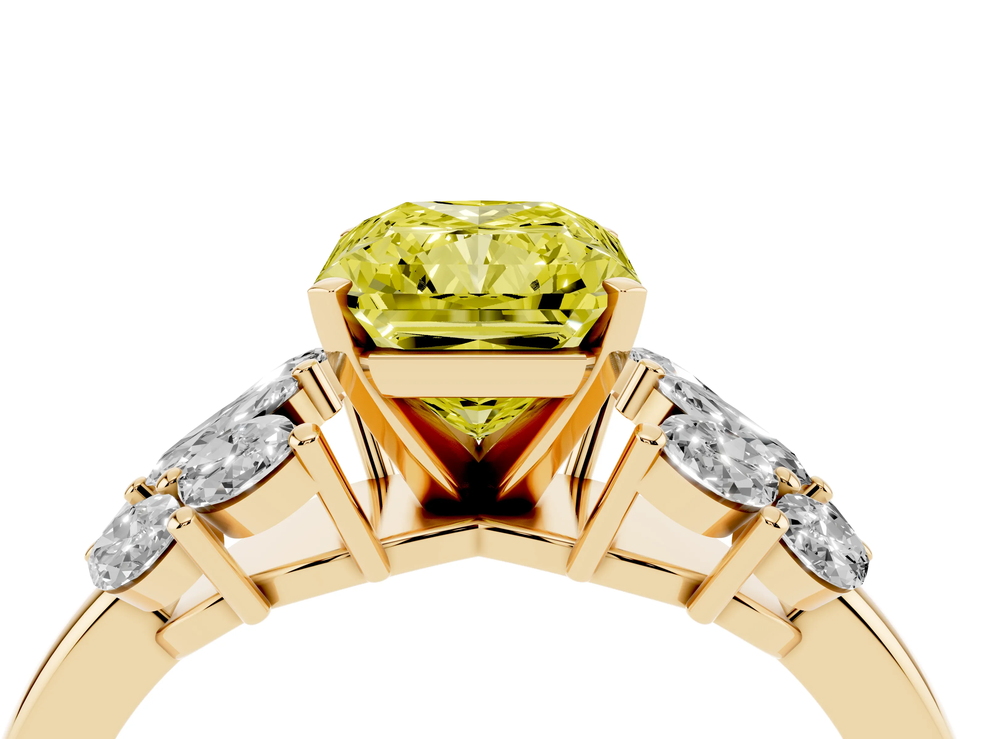 Fancy Yellow Radiant Cut Diamond Cluster Leaf Design Ring Set in Yellow gold with Prong Setting