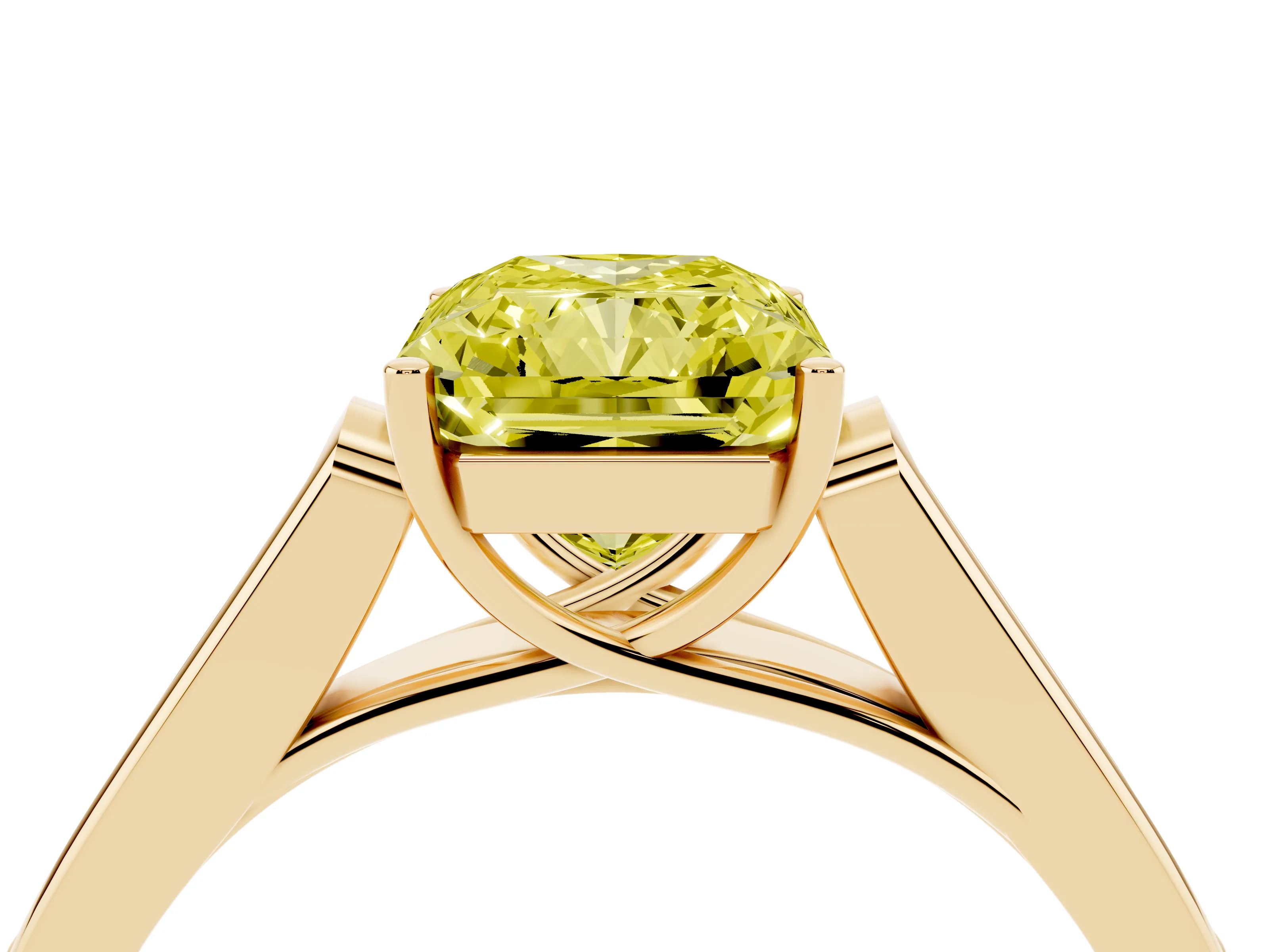 Fancy Yellow Radiant Cut Diamond Solitaire Cathedral Engagement Ring Set in Yellow gold with Channel-Set Band and Prong Setting