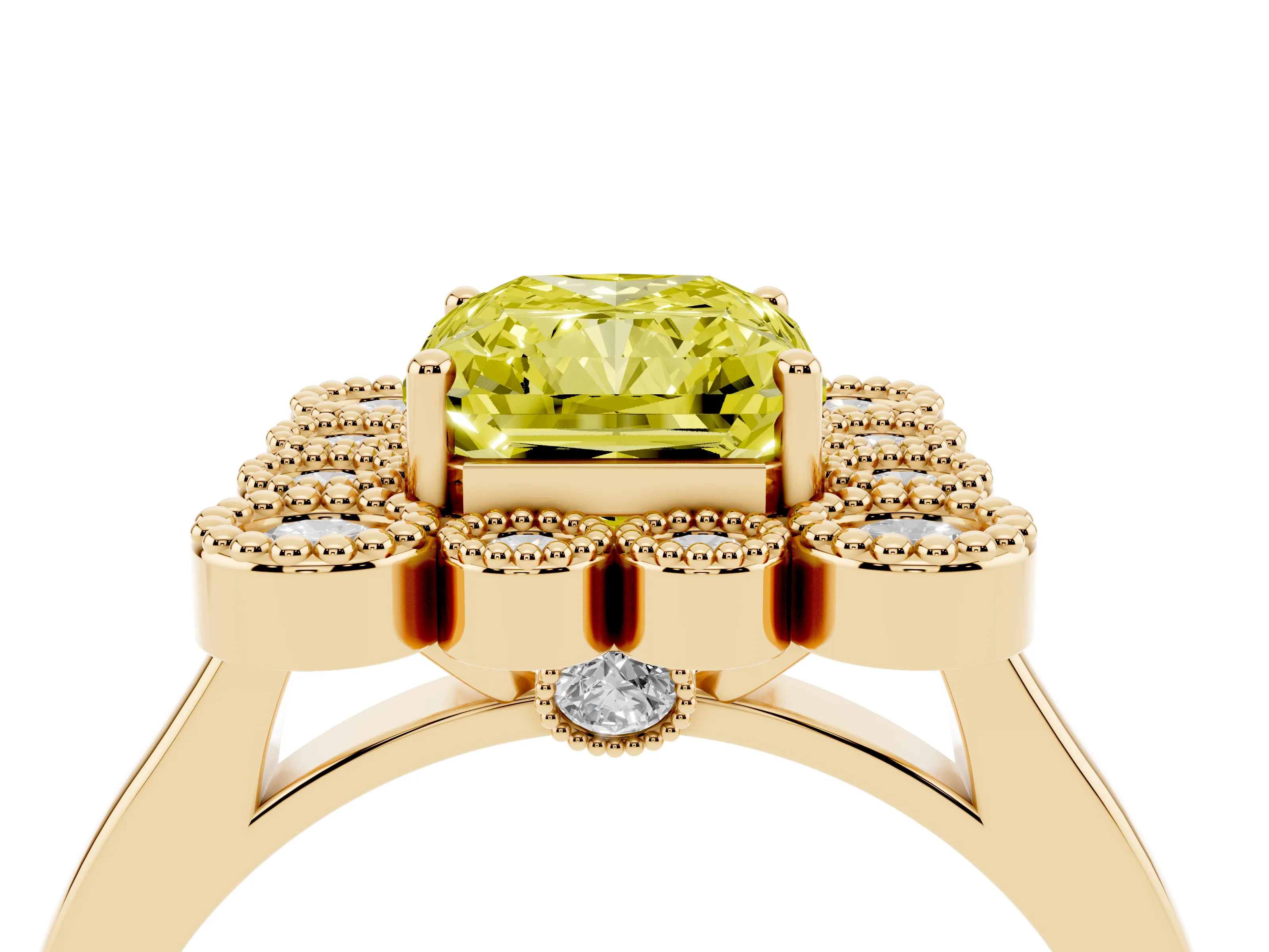 Fancy Yellow Radiant Cut Diamond Cluster Halo Ring Set in Yellow gold with Milgrain Bezel Accents and Plain Band