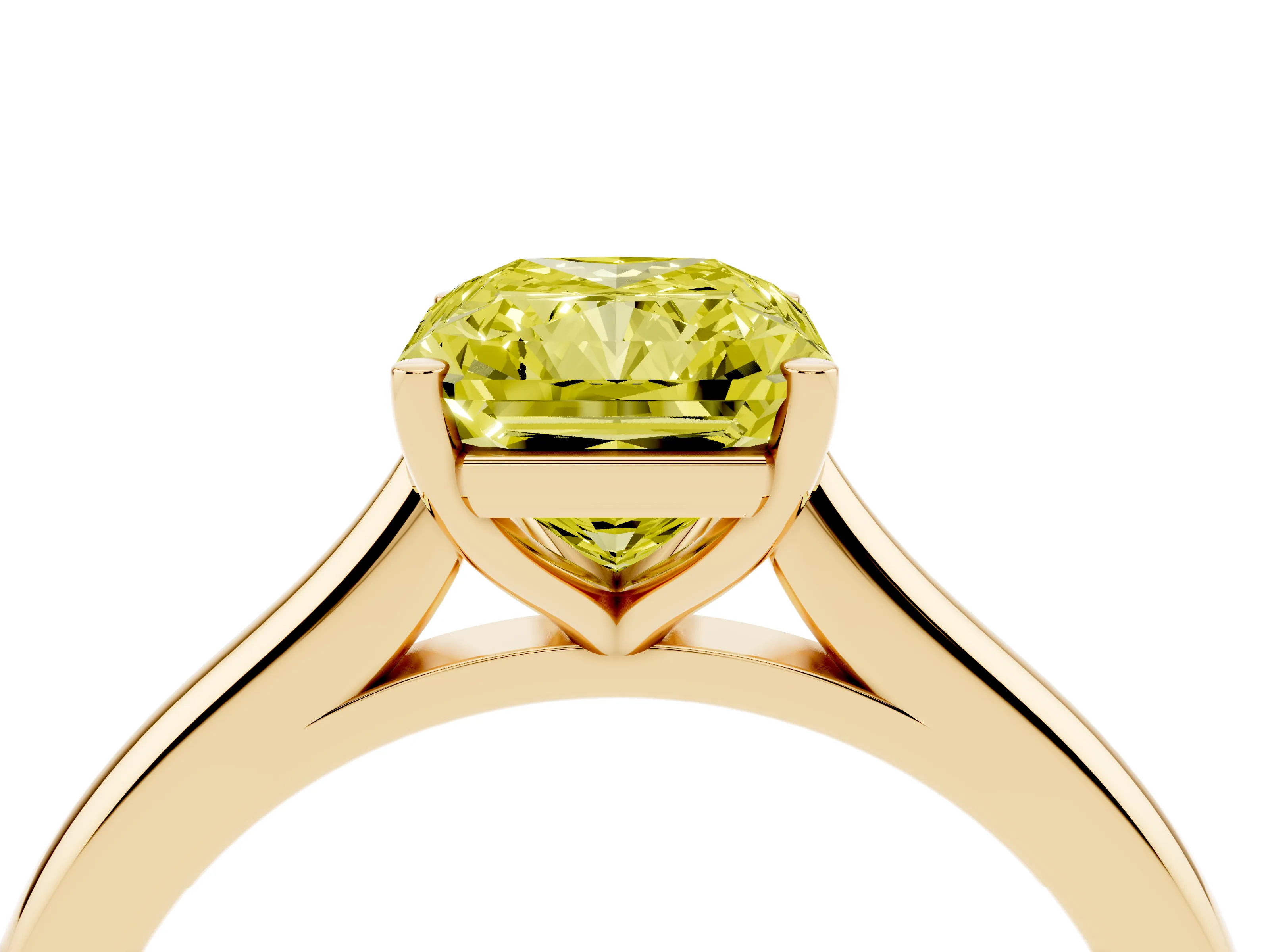 Fancy Yellow Radiant Cut Diamond Solitaire Ring Set in Yellow gold with Cathedral Band and Prong Setting