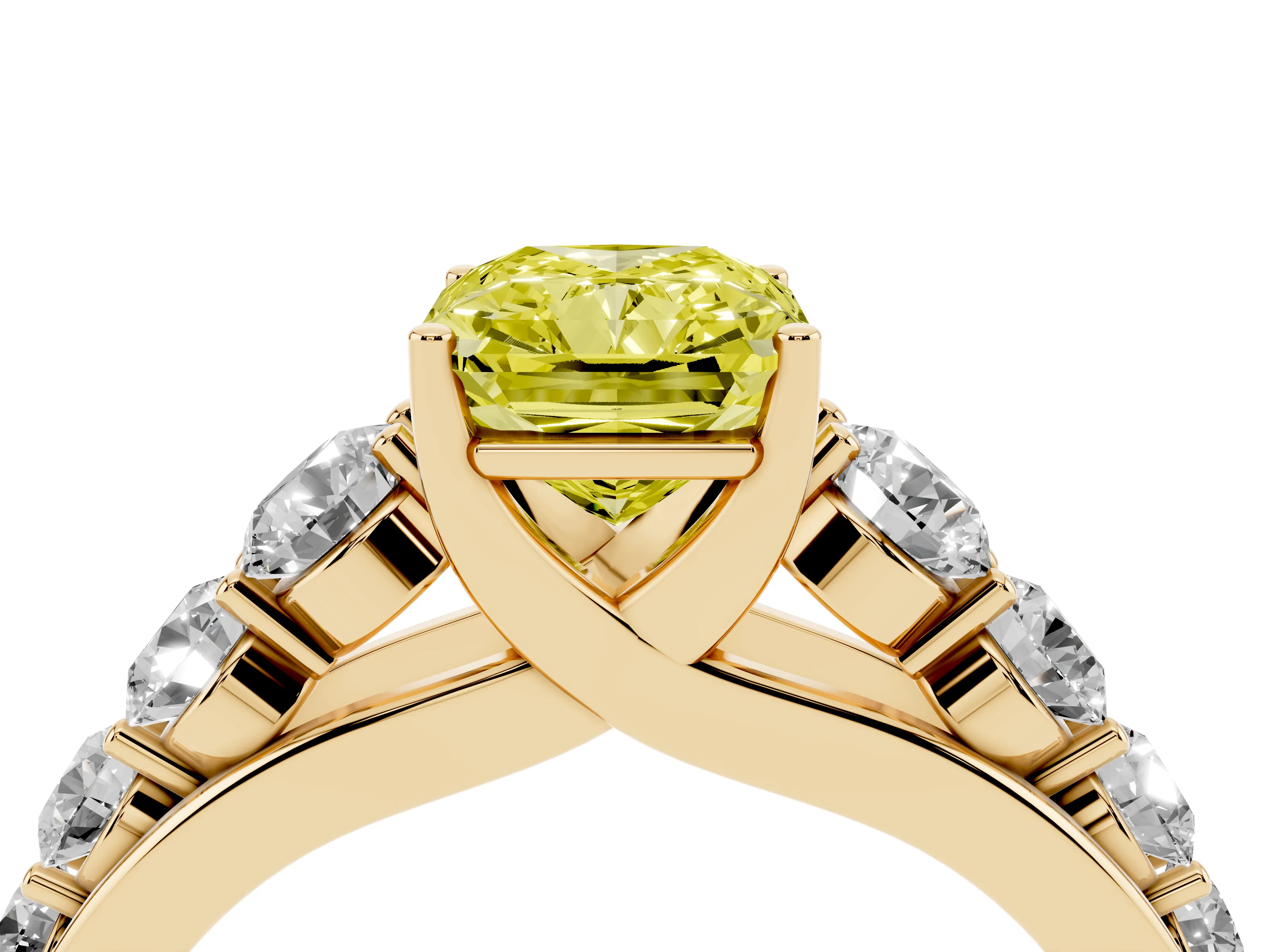 Fancy Yellow Radiant Cut Diamond Solitaire Ring Set in Yellow gold with Pavé-Set Band and Prong Setting