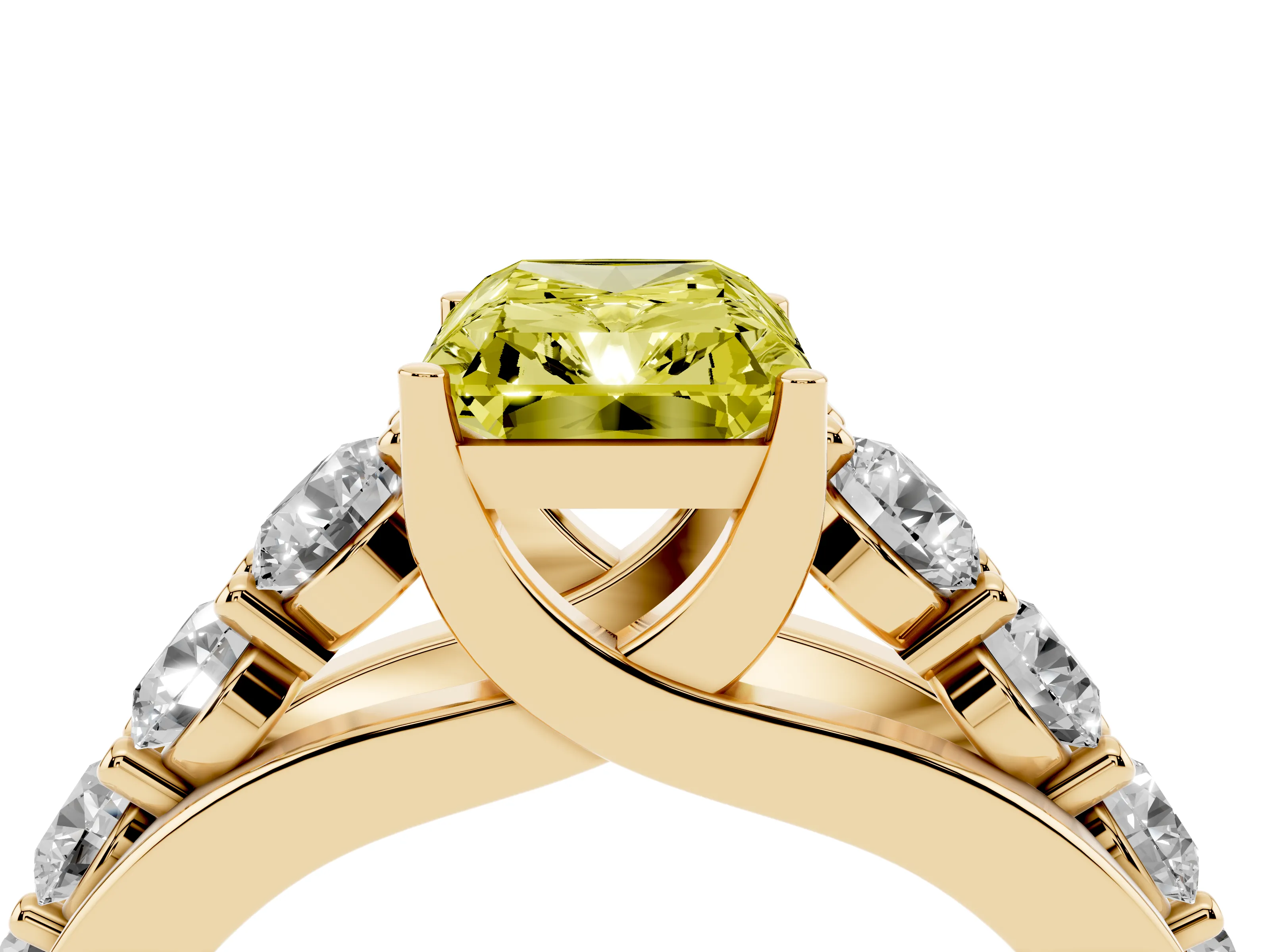 Fancy Yellow Radiant Cut Diamond Pavé Engagement Ring Set in Yellow gold with Prong Setting