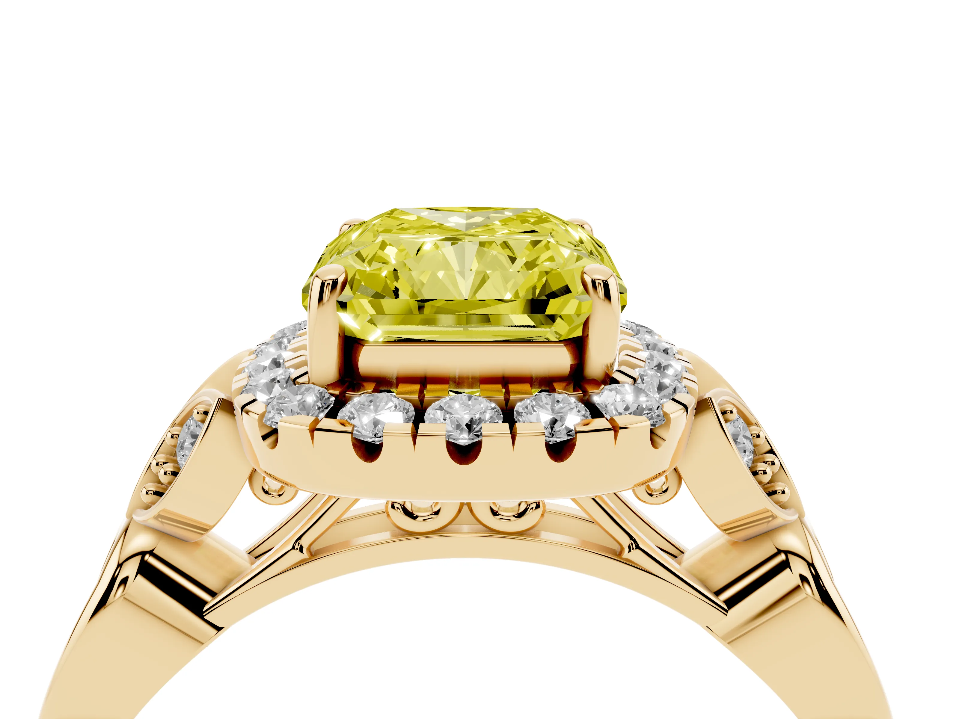 Fancy Yellow Radiant Cut Diamond Halo Engagement Ring Set in Yellow gold with Vintage-Inspired Band and Prong Setting