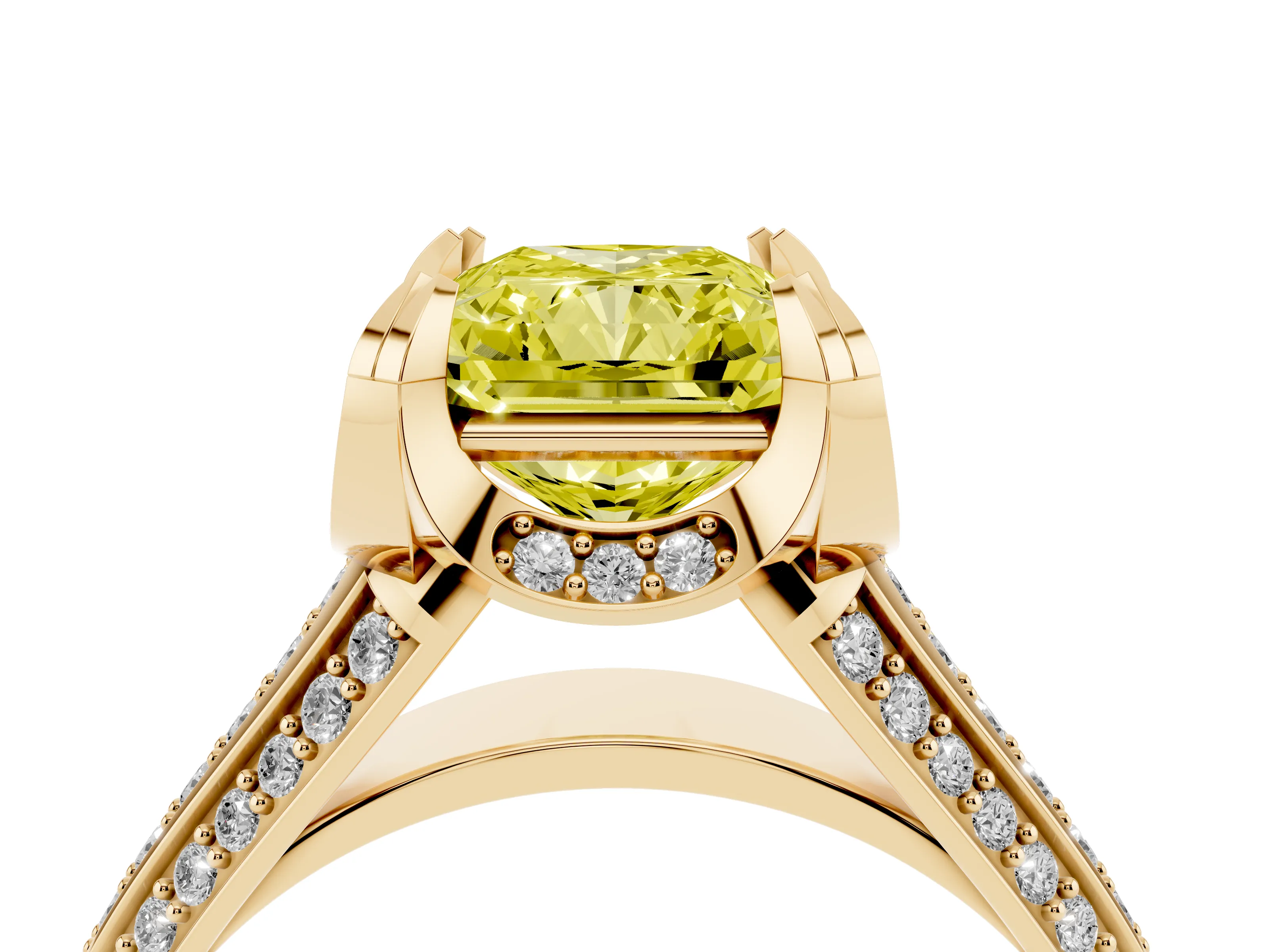 Fancy Yellow Radiant Cut Diamond Pavé Split Shank Solitaire Ring Set in Yellow gold with Prong Setting