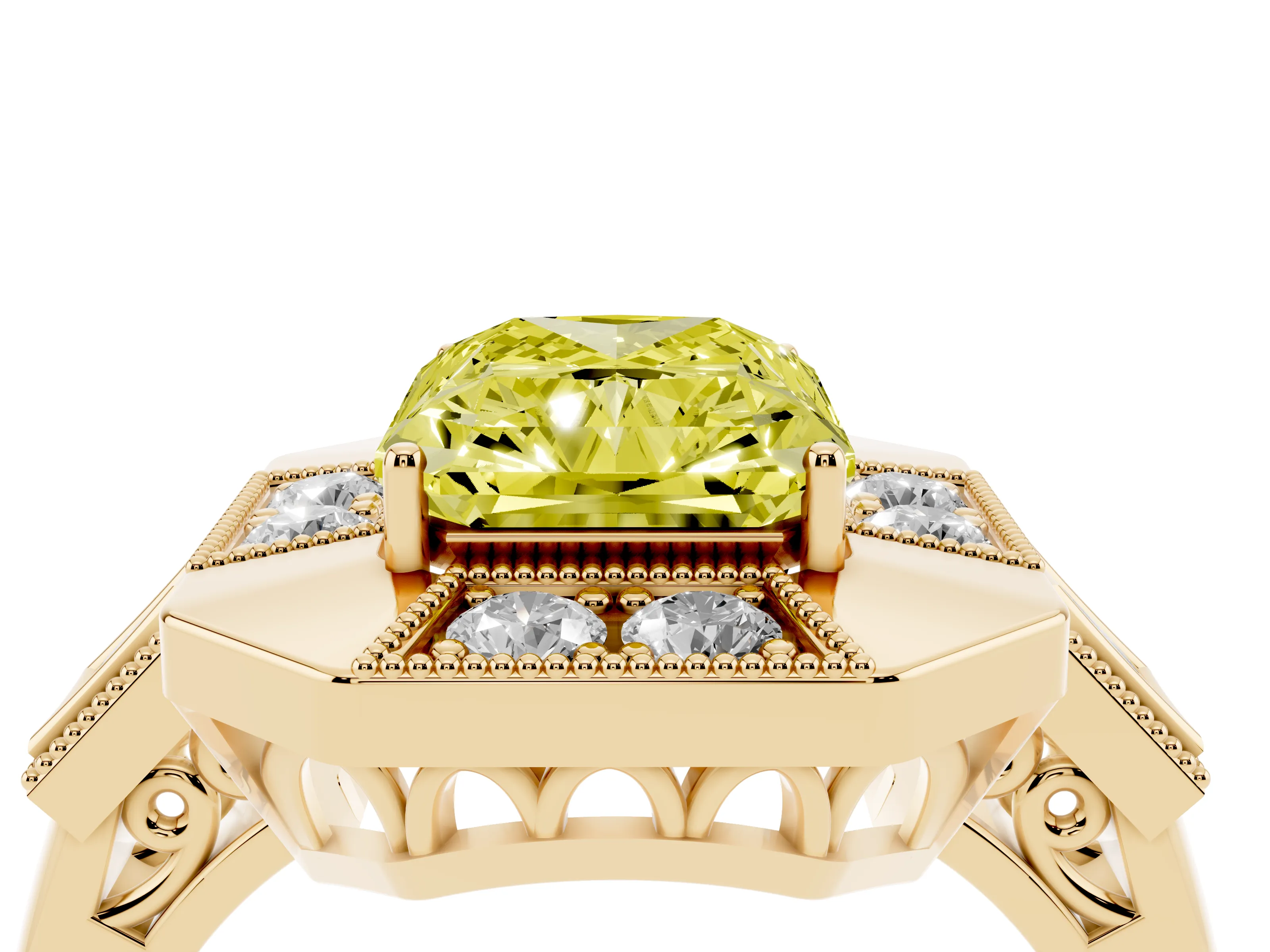 Fancy Yellow Radiant Cut Diamond Milgrain Halo Ring Set in Yellow gold with Split Shank