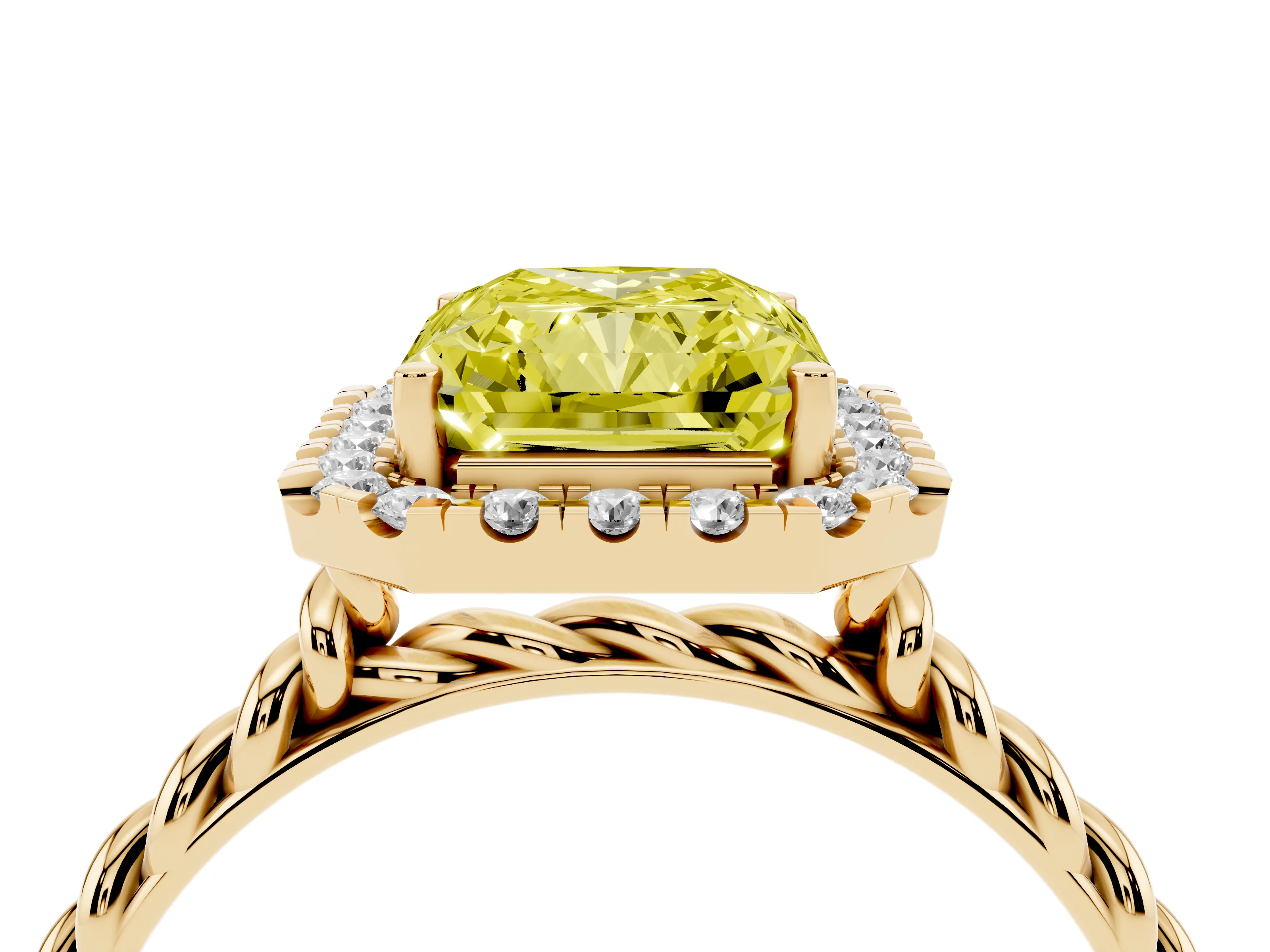 Fancy Yellow Radiant Cut Diamond Halo Ring Set in Yellow gold with Plain Twisted Band