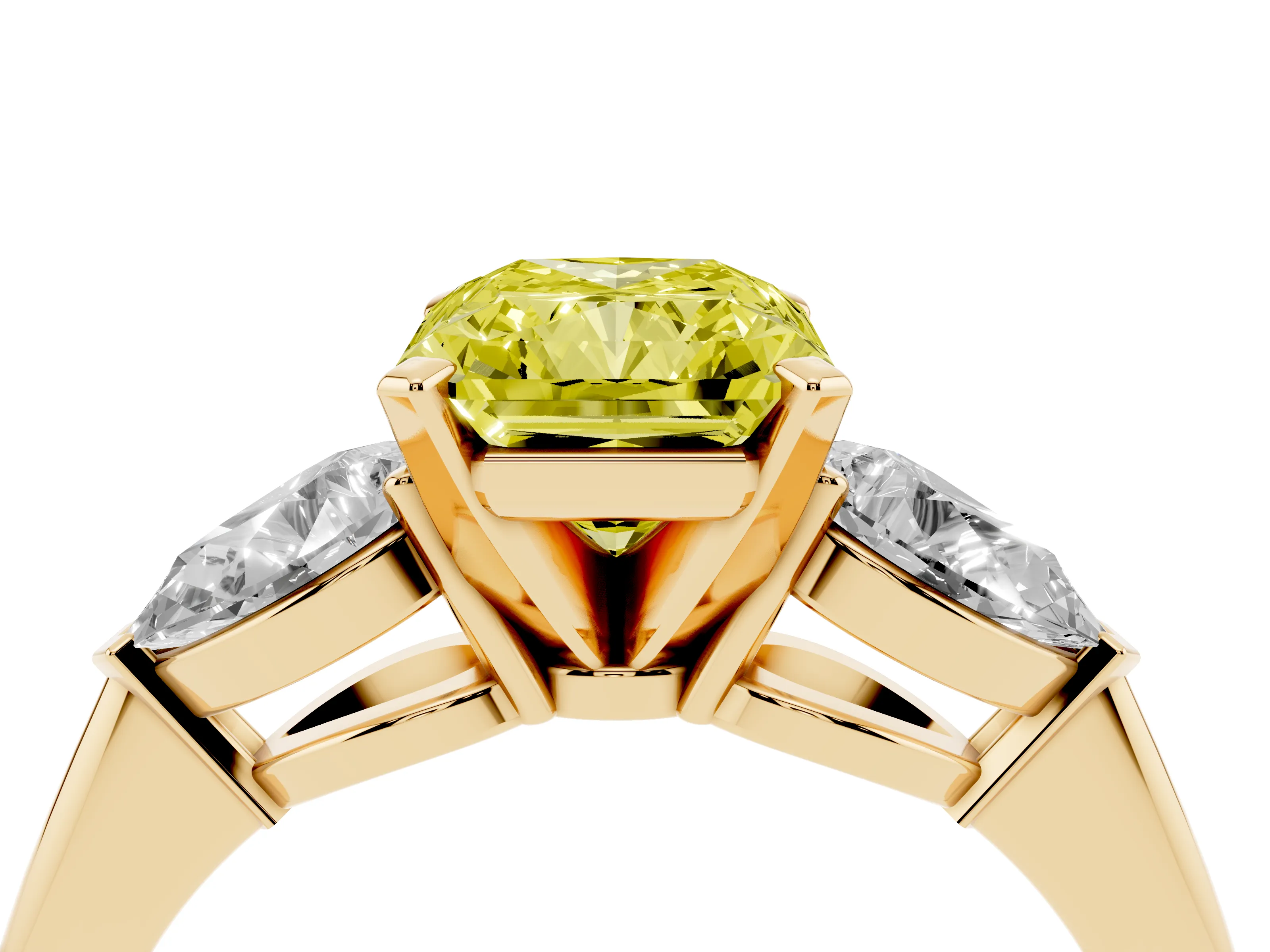 Fancy Yellow Three-Stone Radiant Cut Diamond Ring Set in Yellow gold with Pear Side Stones and Prong Setting